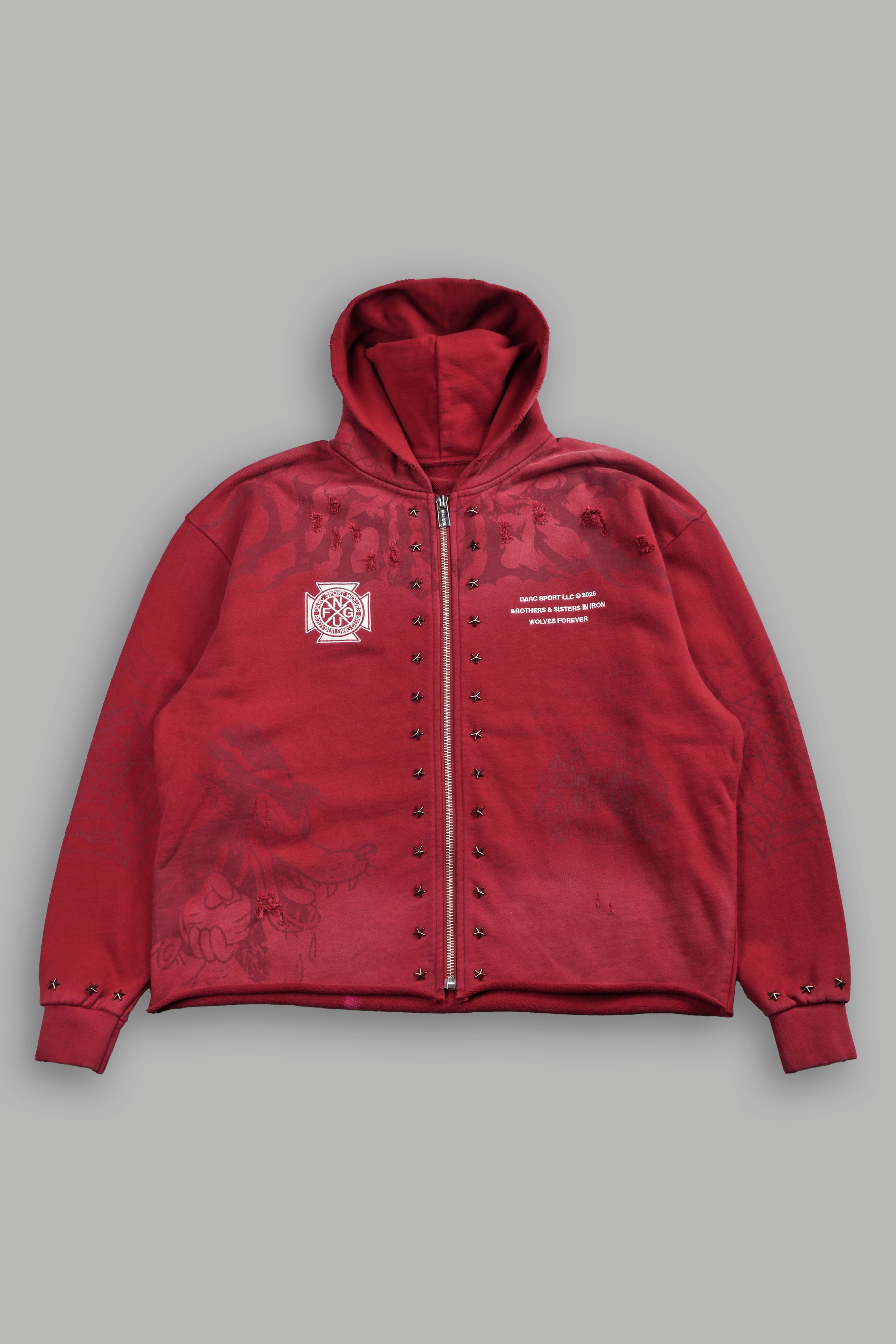 Big & Bad Distressed Grunge Mid Length Raw Hem Zip Hoodie in Carmine Red Drift Wash