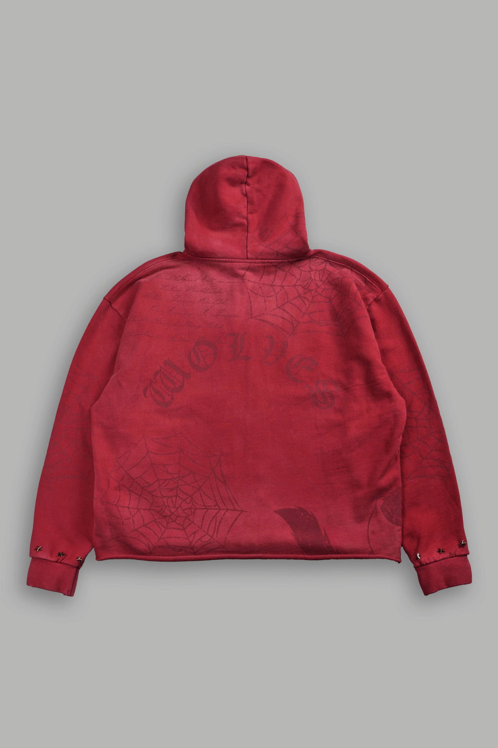 Big & Bad Distressed Grunge Mid Length Raw Hem Zip Hoodie in Carmine Red Drift Wash
