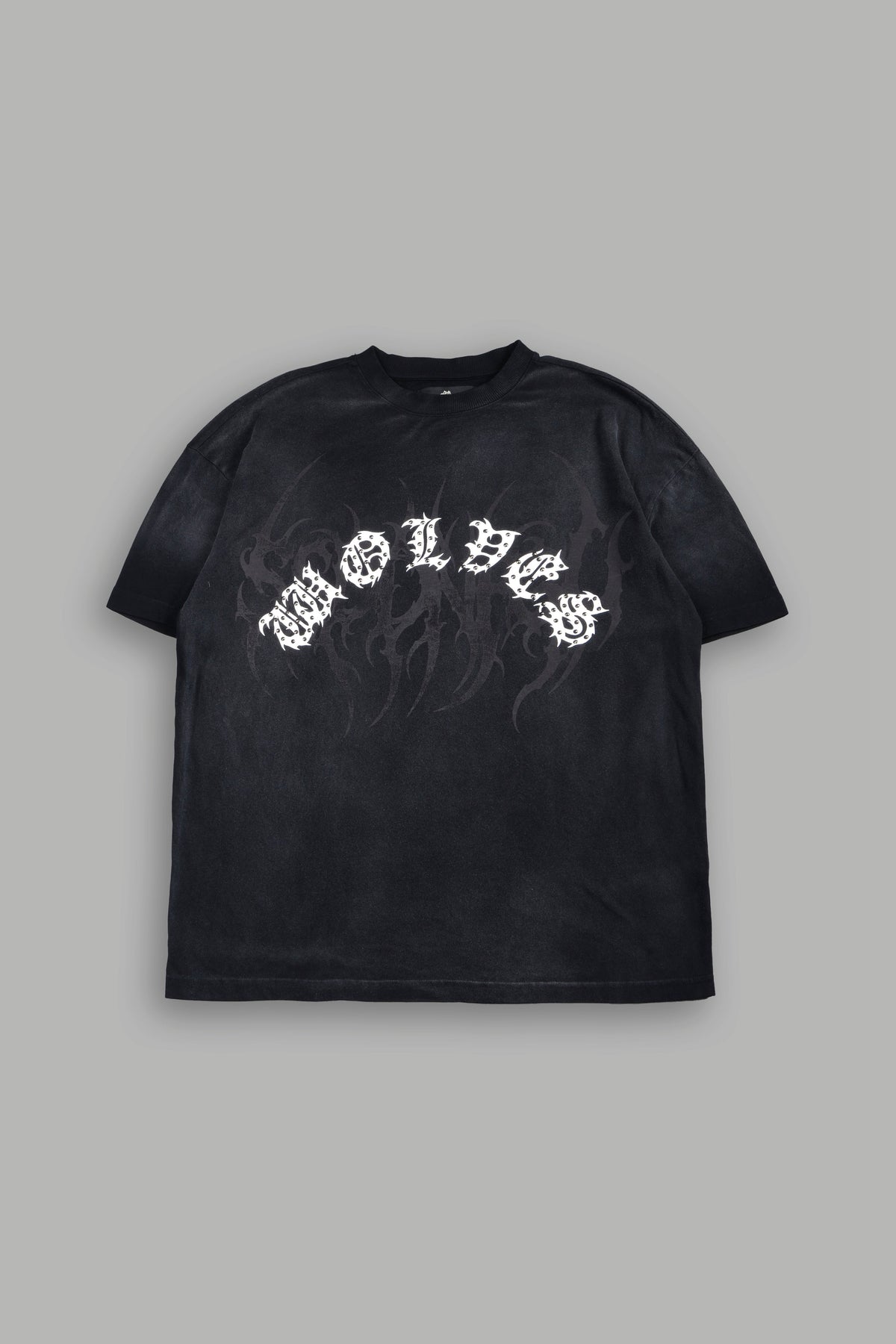 Studded Mantra Premium Oversized Tee In Black Super Sun Fade