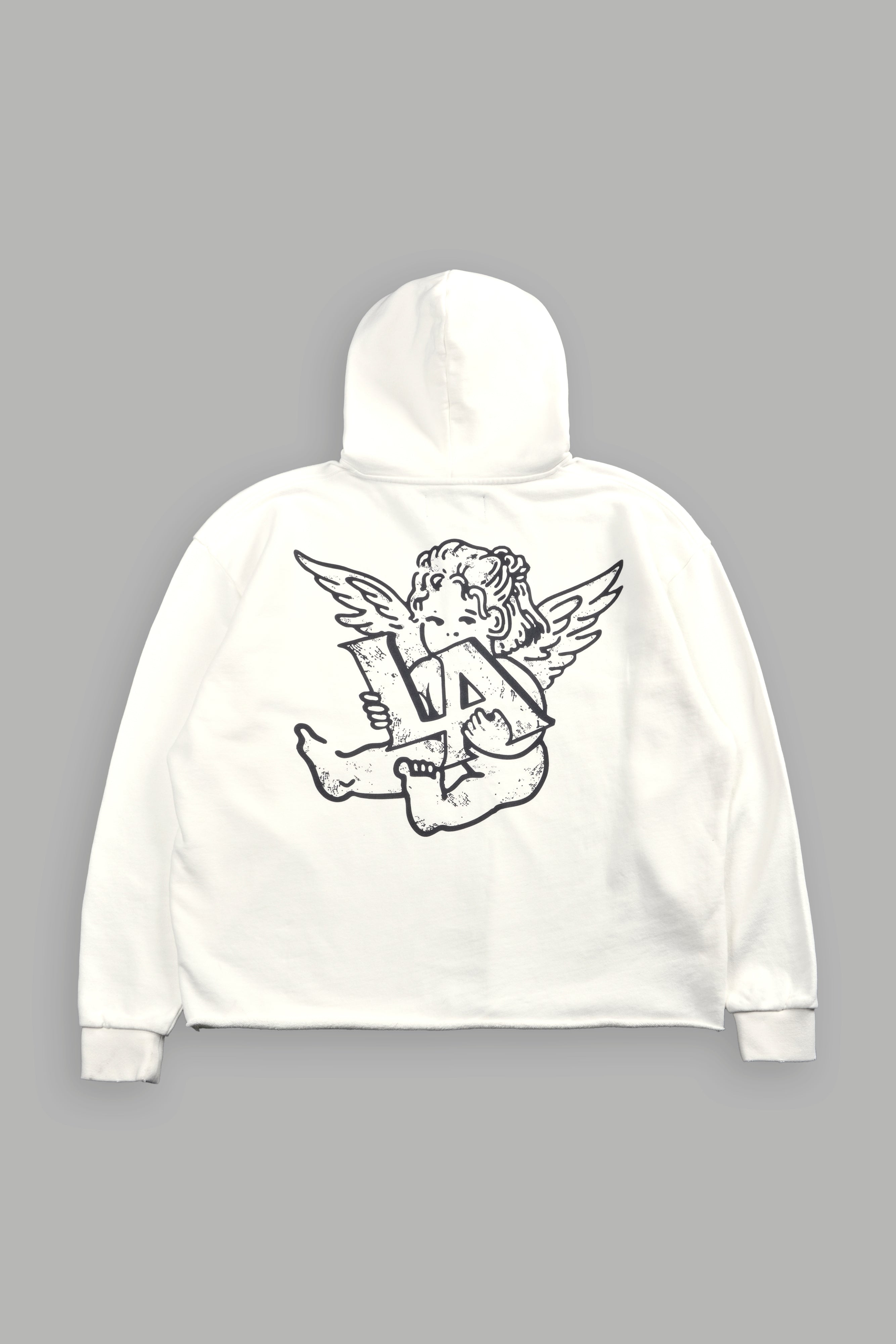 Los Cherub Distressed Grunge Mid Length Raw Hem Zip Hoodie in Cream — imagem 1