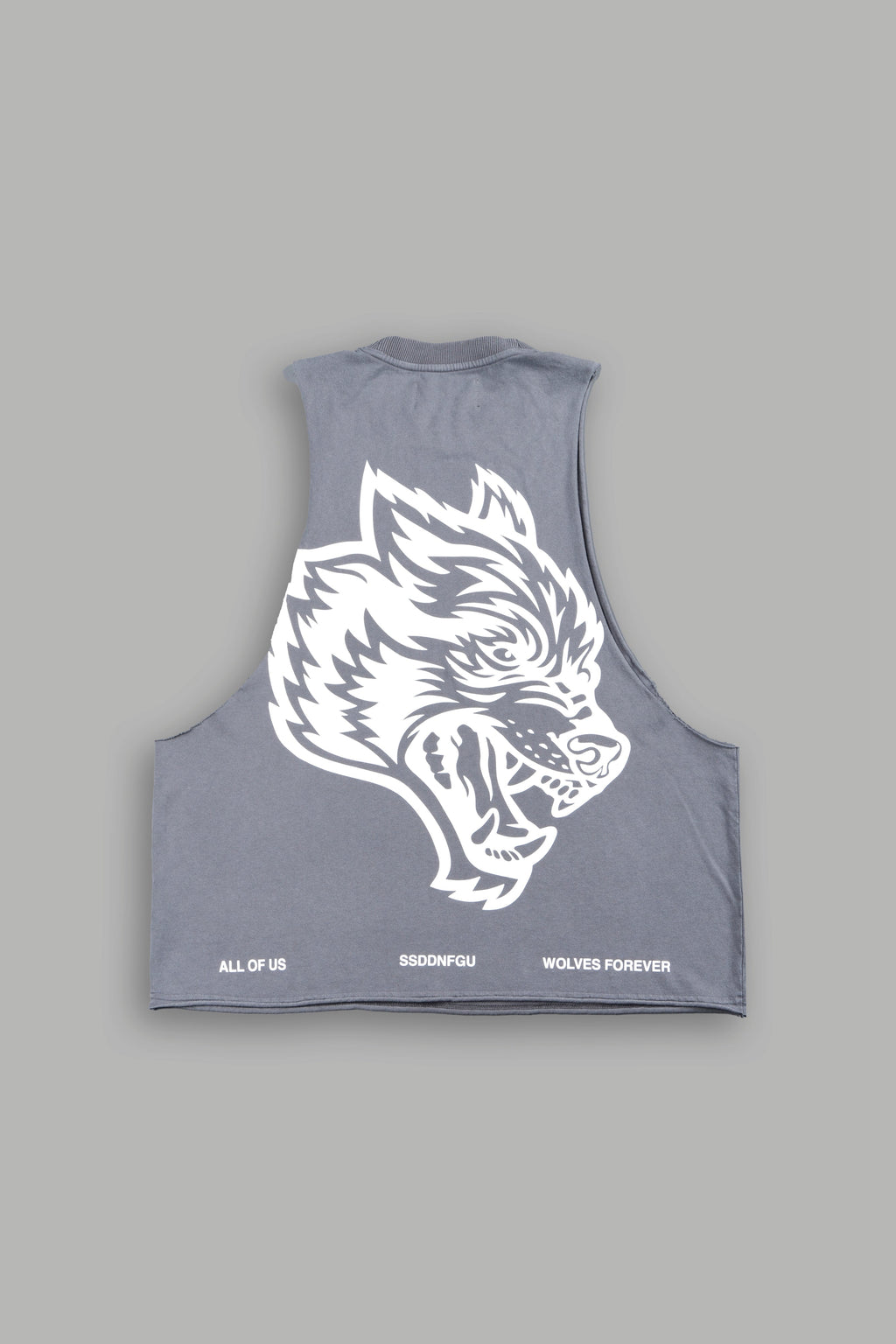 Big Wolf Head Grunge Raw Hem Box Cut Tommy Muscle Tee In Slate Gray - imagem 3