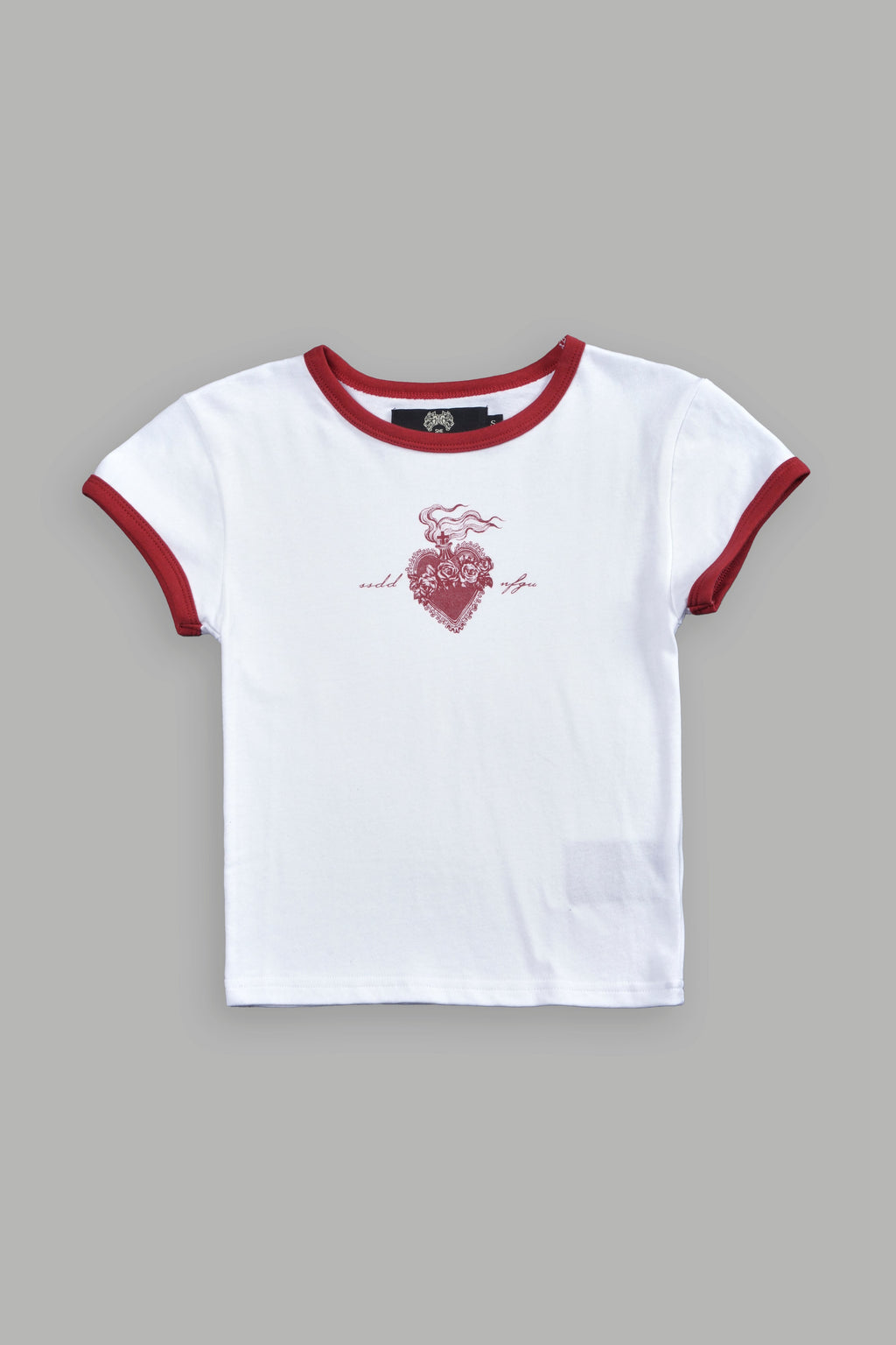 Sacred Flame Ringer "Baby" Tee in White/Roman Red — imagem 5