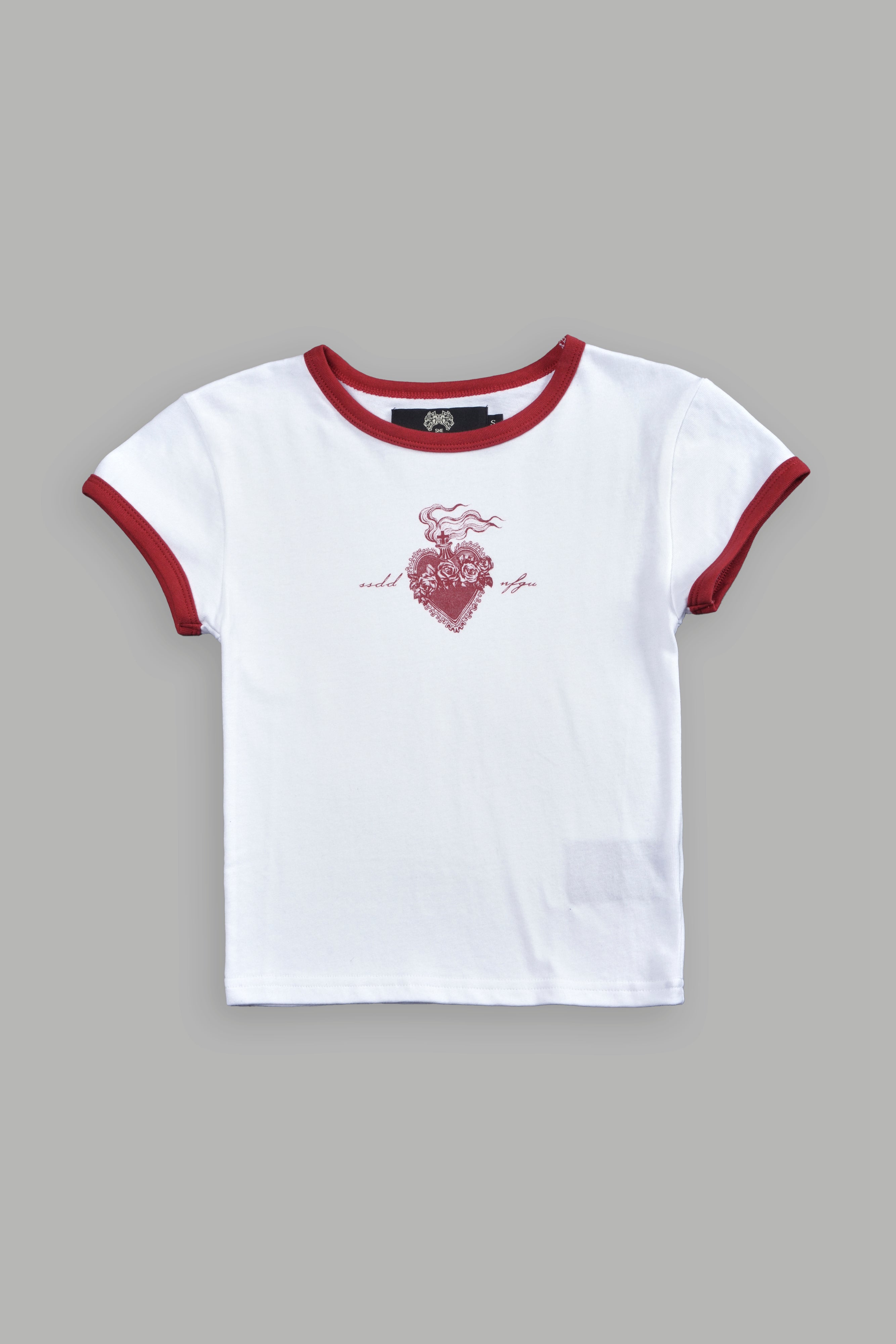 Sacred Flame Ringer "Baby" Tee in White/Roman Red — imagem 5