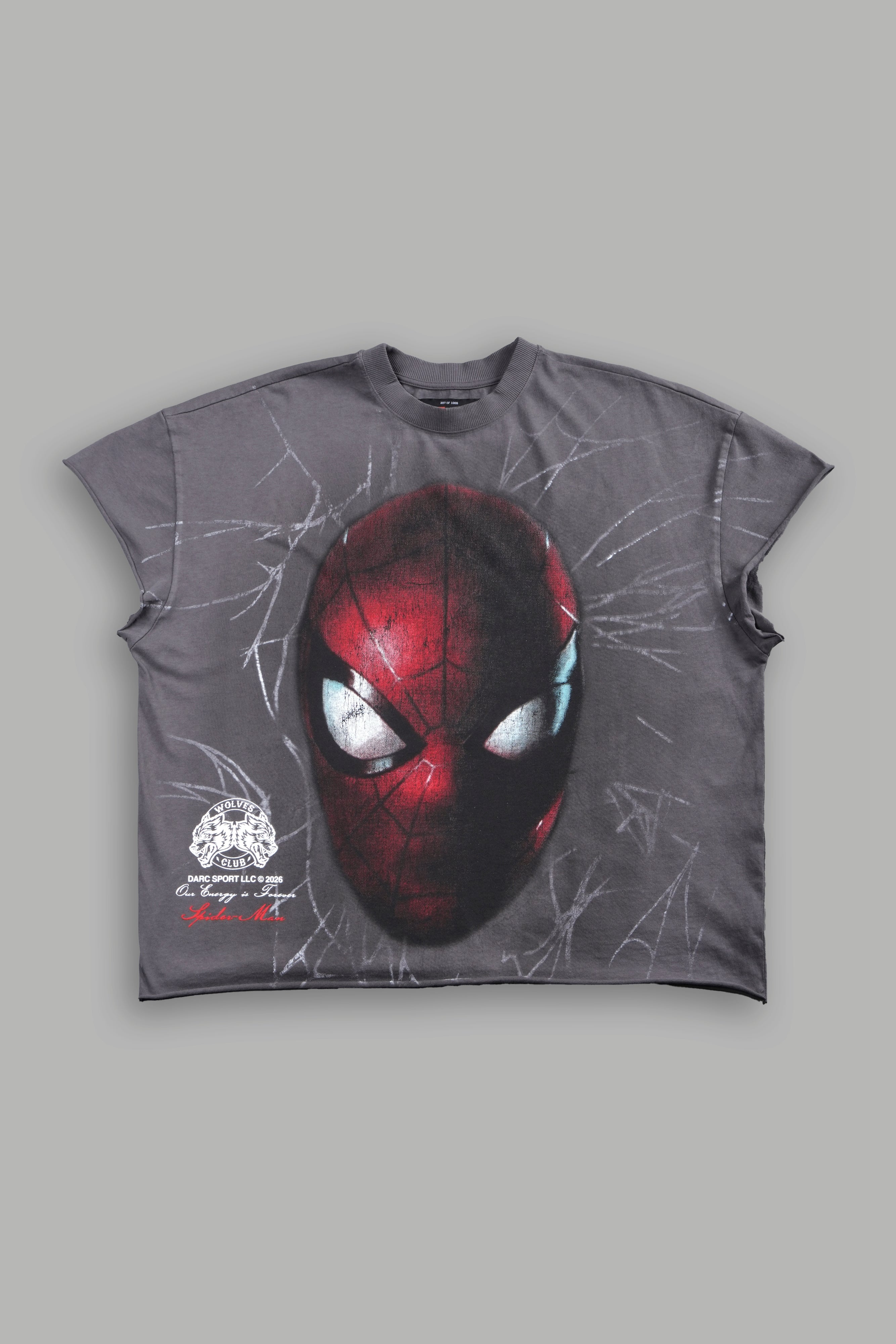 Web Of Darkness Grunge Mid Length Raw Hem Cap Sleeve Tee in Slate Gray