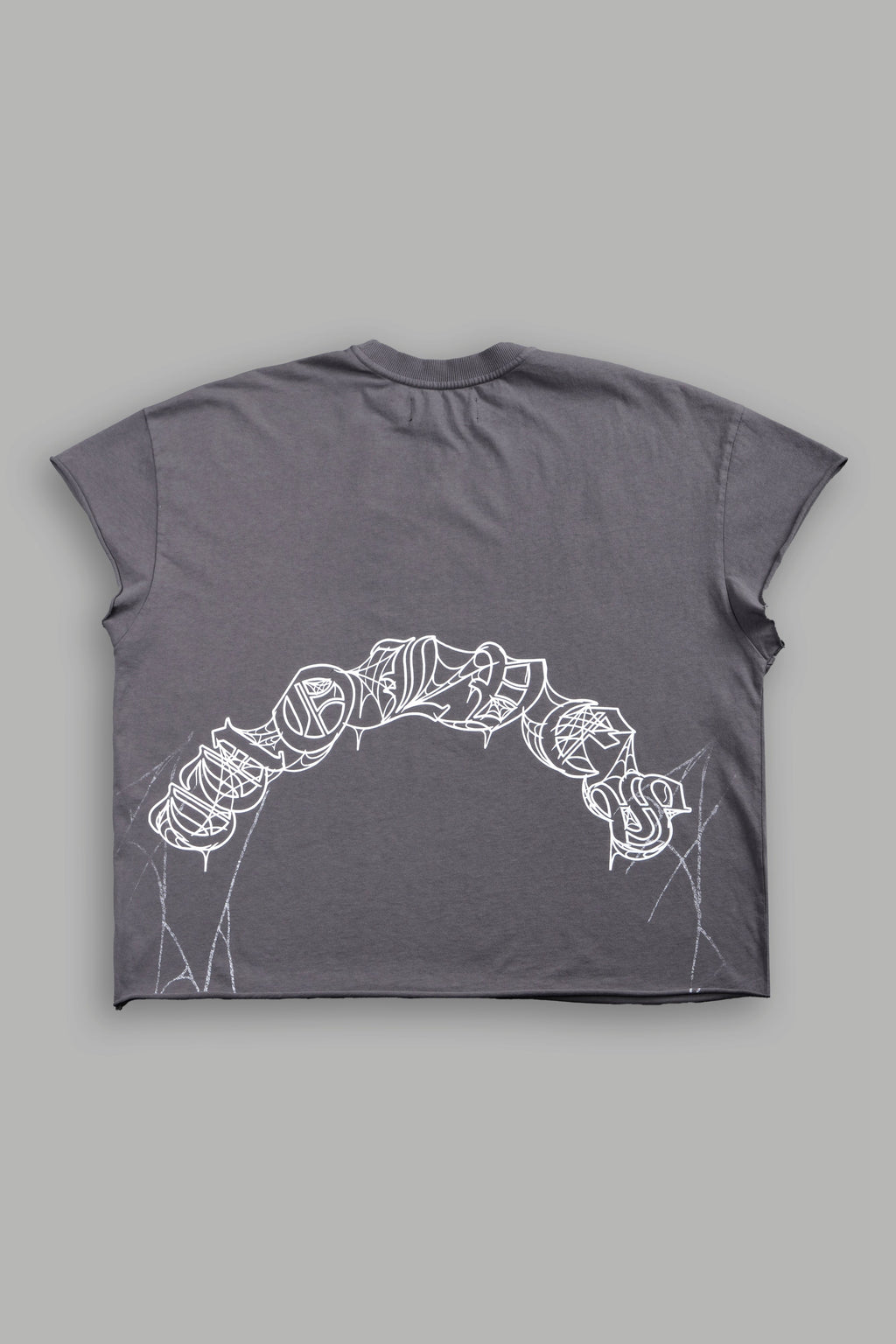 Web Of Darkness Grunge Mid Length Raw Hem Cap Sleeve Tee in Slate Gray