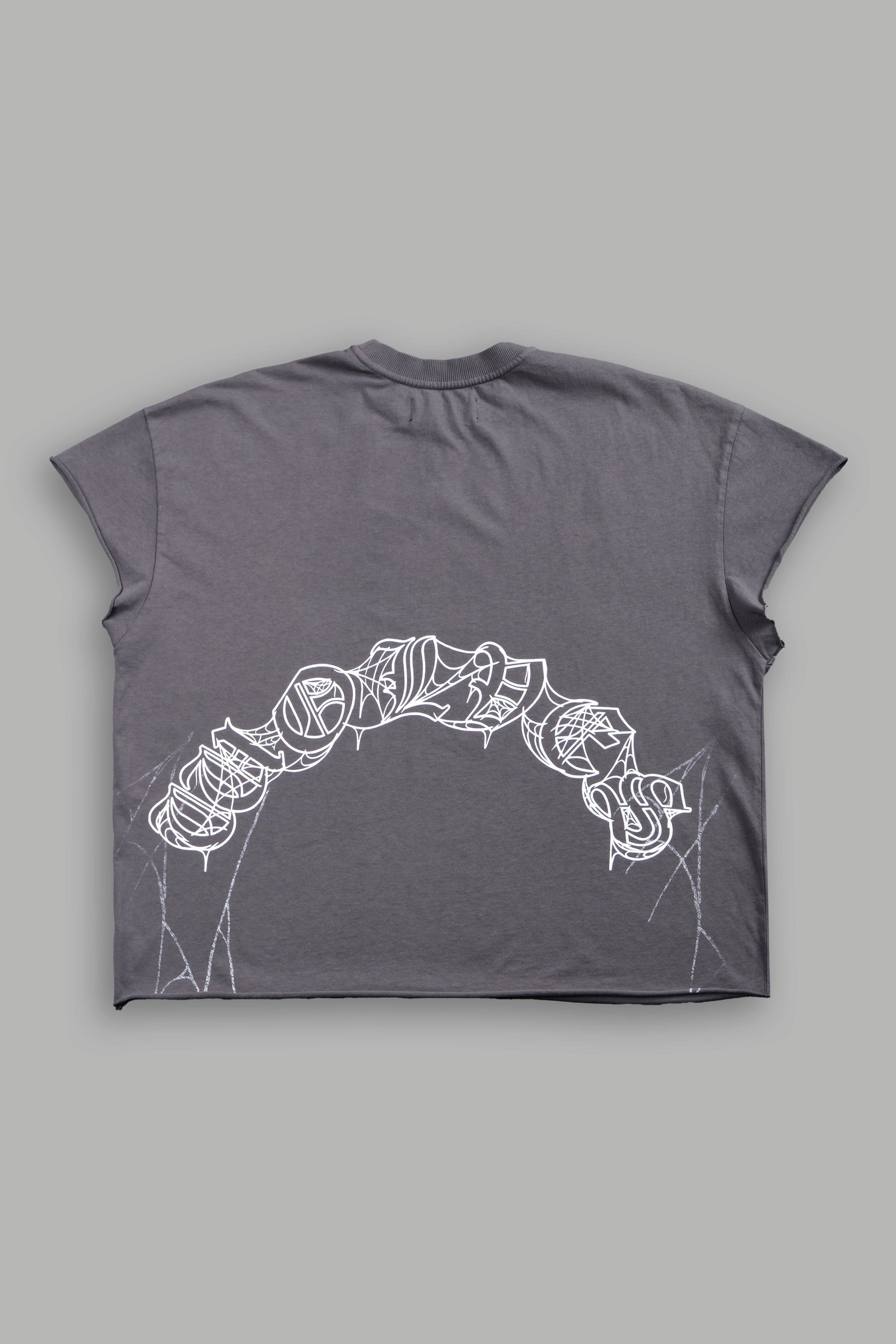 Web Of Darkness Grunge Mid Length Raw Hem Cap Sleeve Tee in Slate Gray