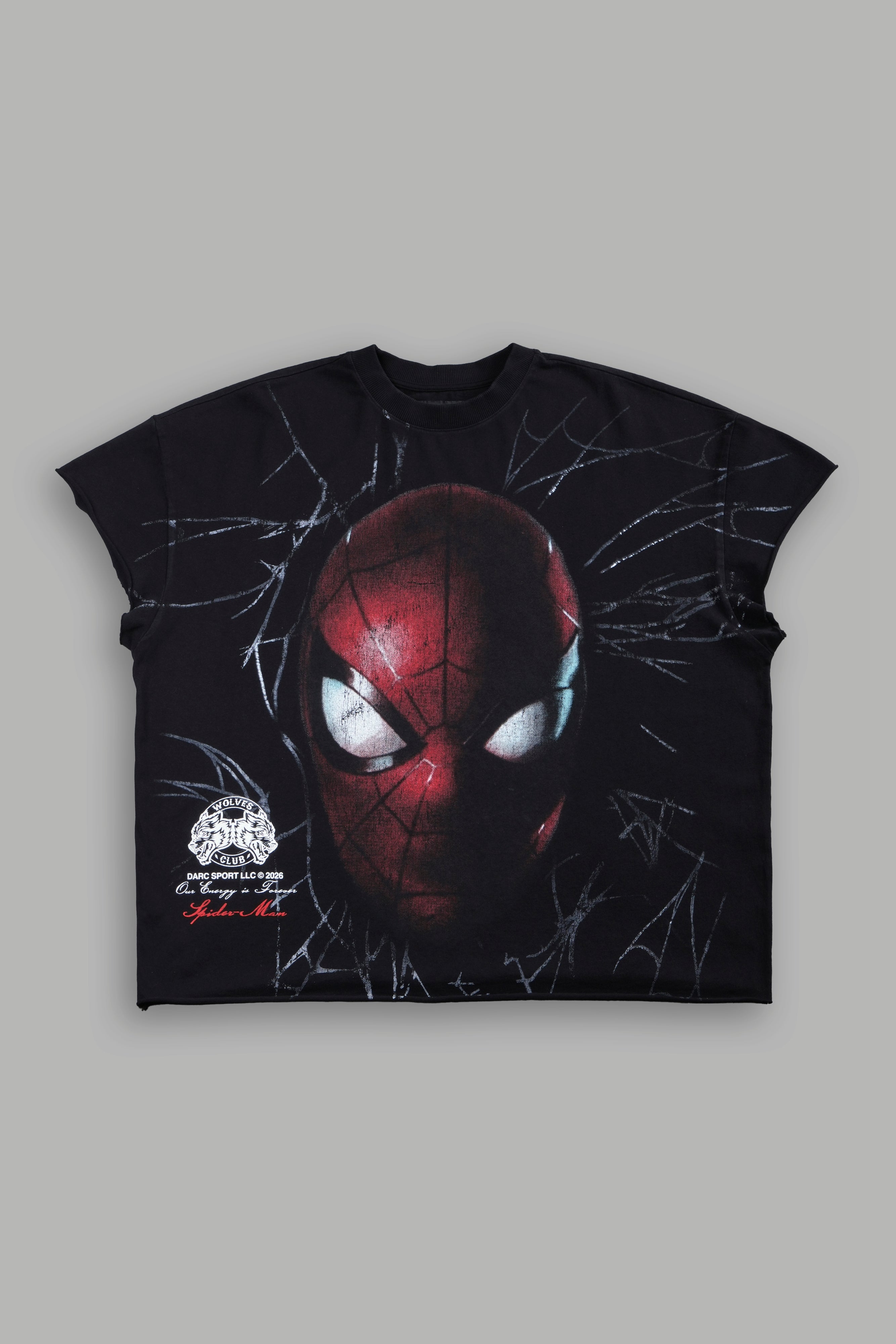 Web Of Darkness Grunge Mid Length Raw Hem Cap Sleeve Tee in Black