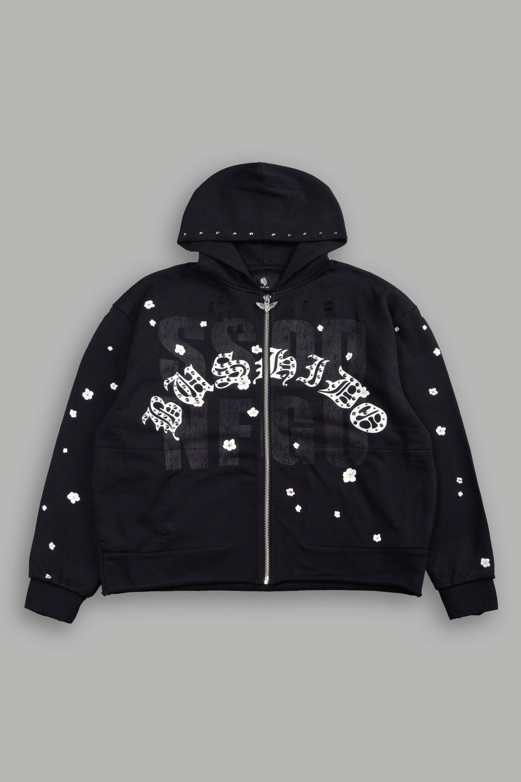Ssddnfgu Bushido Distressed Grunge Mid Length Raw Hem Zip Hoodie in Black — imagem 1