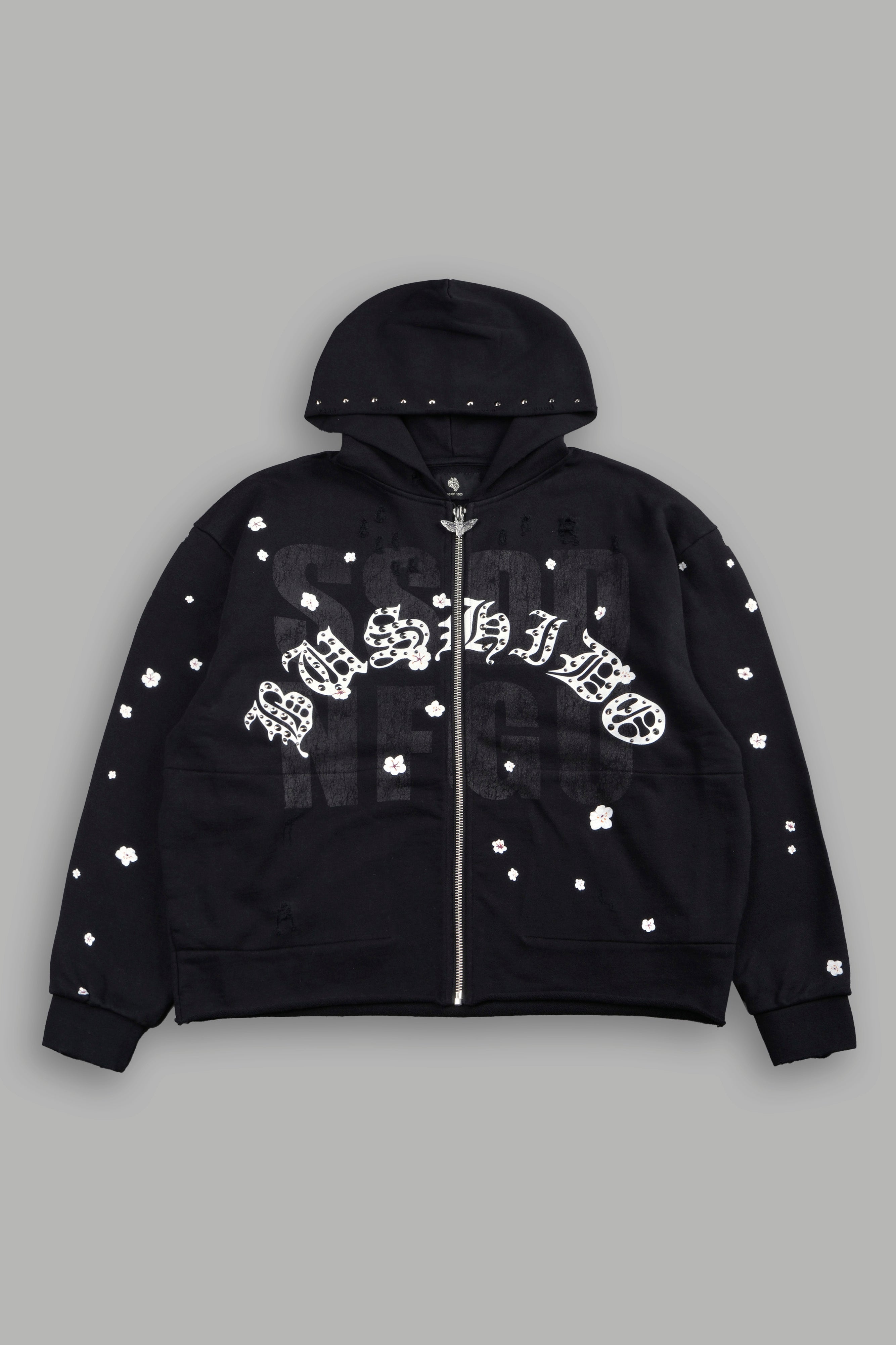 Ssddnfgu Bushido Distressed Grunge Mid Length Raw Hem Zip Hoodie in Black — imagem 1