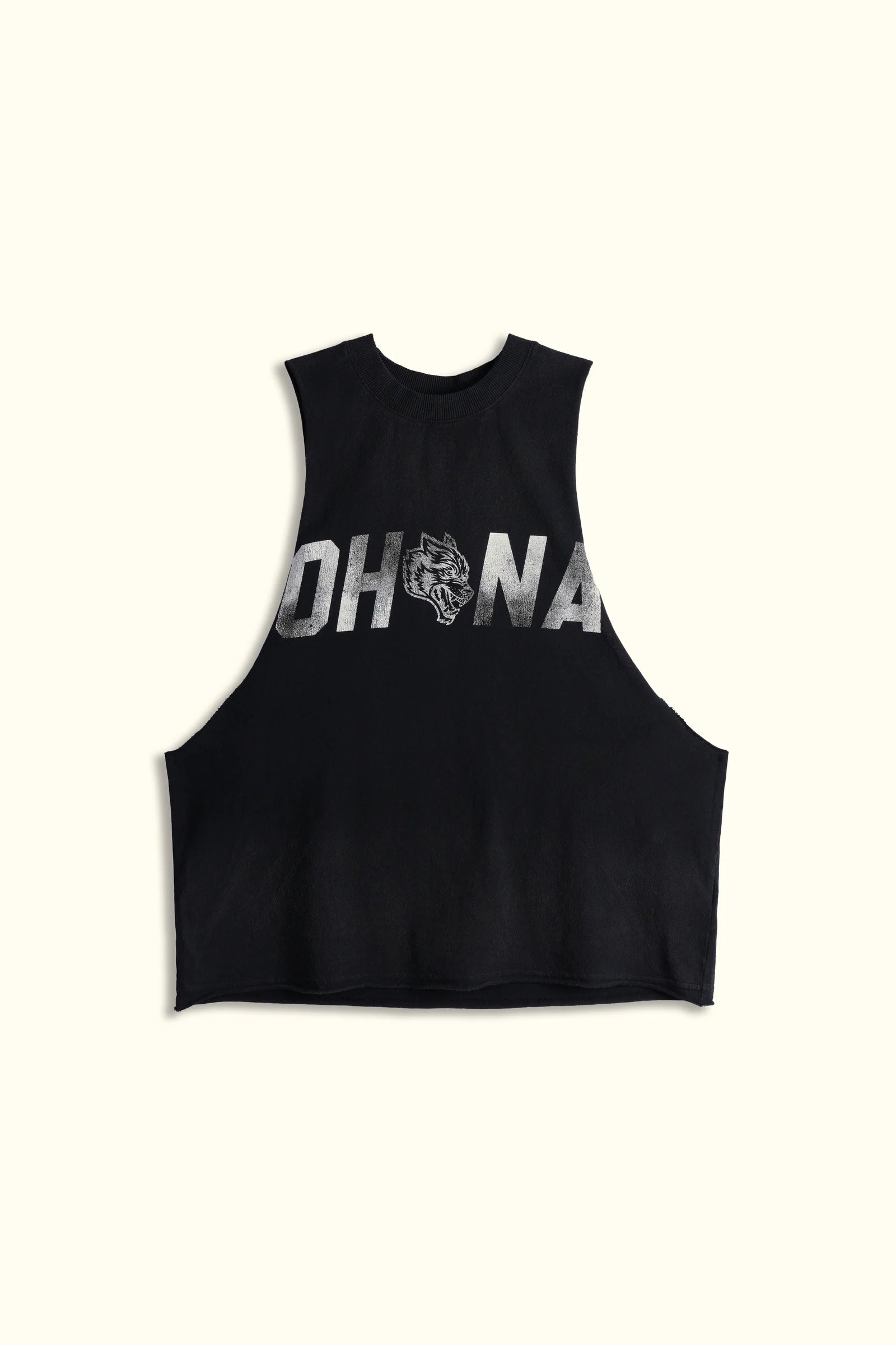 OHANA WOLF "GRUNGE" RAW CROPPED TOMMY MUSCLE TEE IN BLACK DRIFT WASH