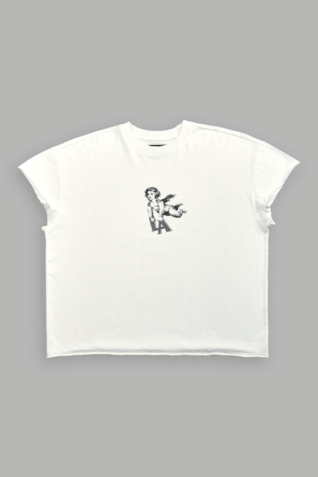 La Cherub Grunge Mid Length Raw Hem Cap Sleeve Tee in Cream — imagem 3