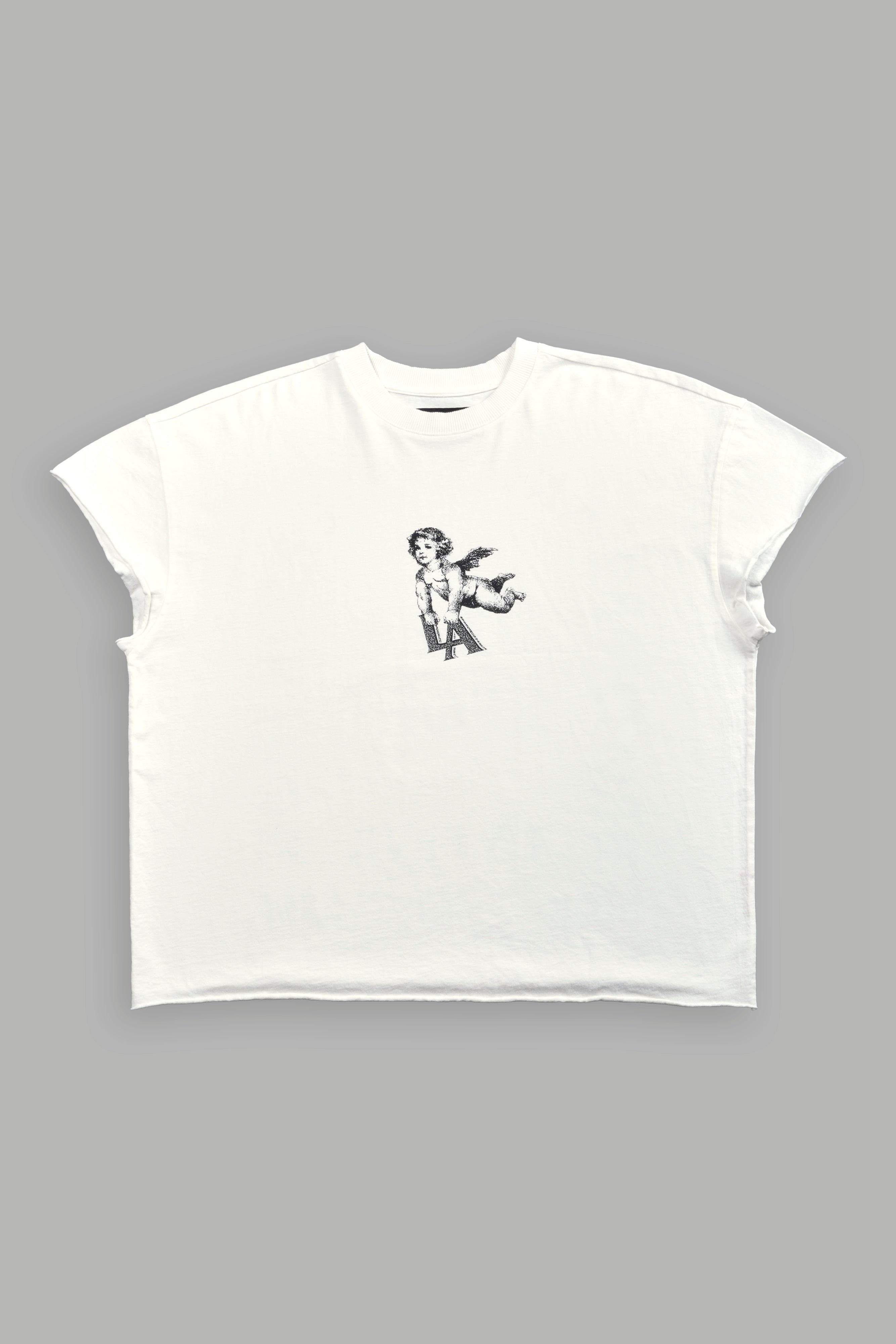 La Cherub Grunge Mid Length Raw Hem Cap Sleeve Tee in Cream — imagem 3