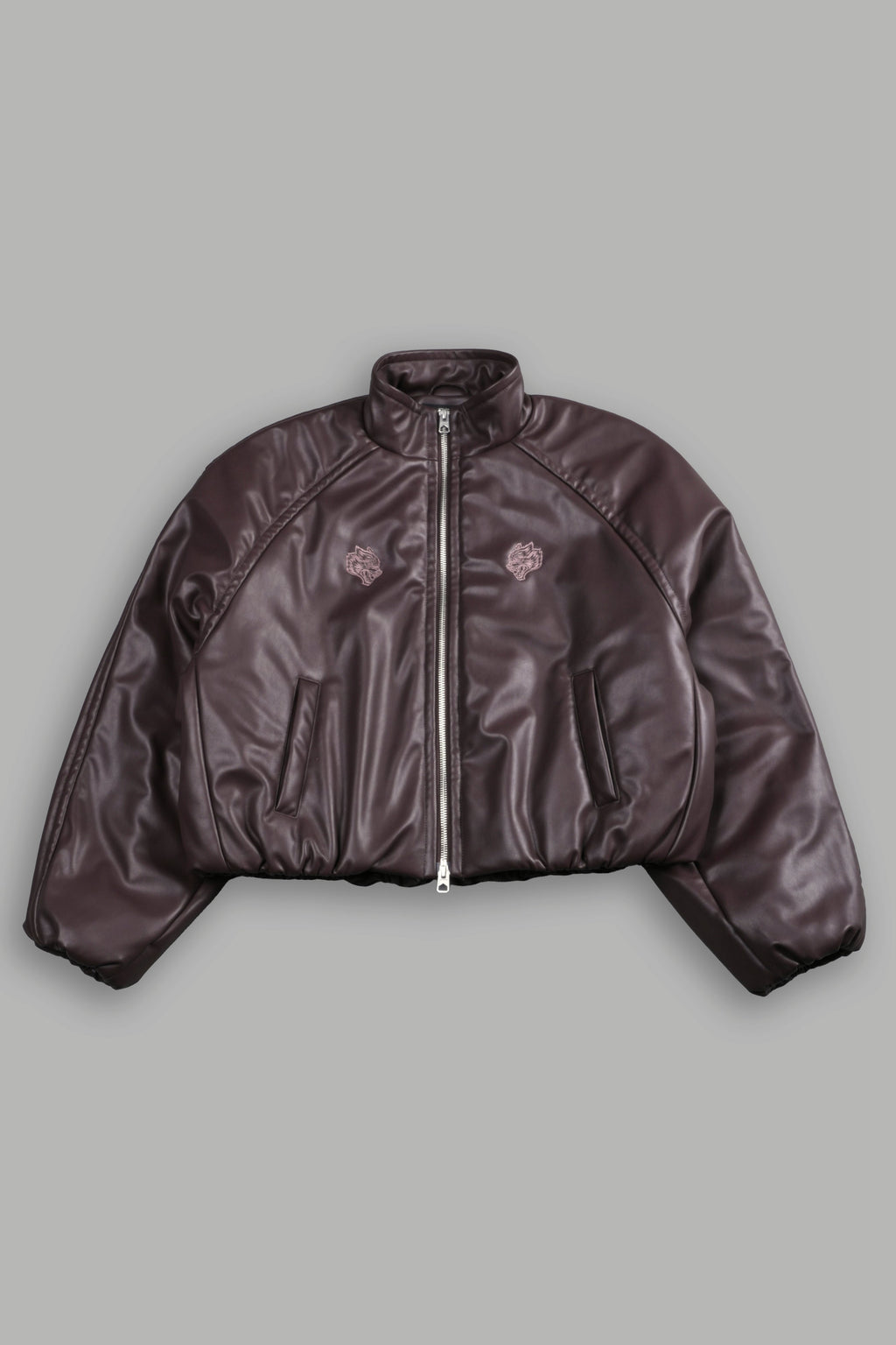 Dual Wolf Chopper Sofia Faux Leather Bomber Jacket in Darc Garnet — imagem 3