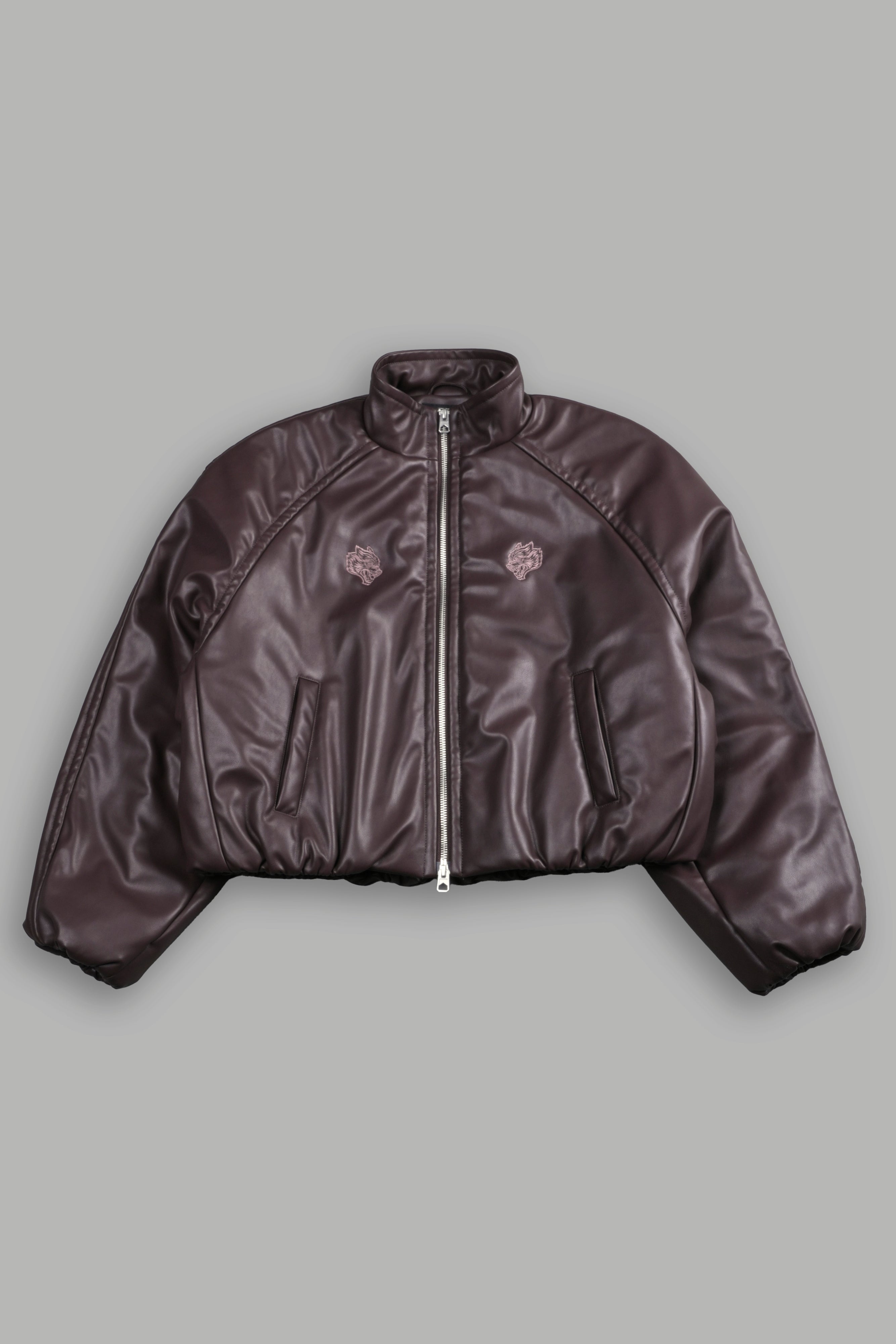 Dual Wolf Chopper Sofia Faux Leather Bomber Jacket in Darc Garnet — imagem 3
