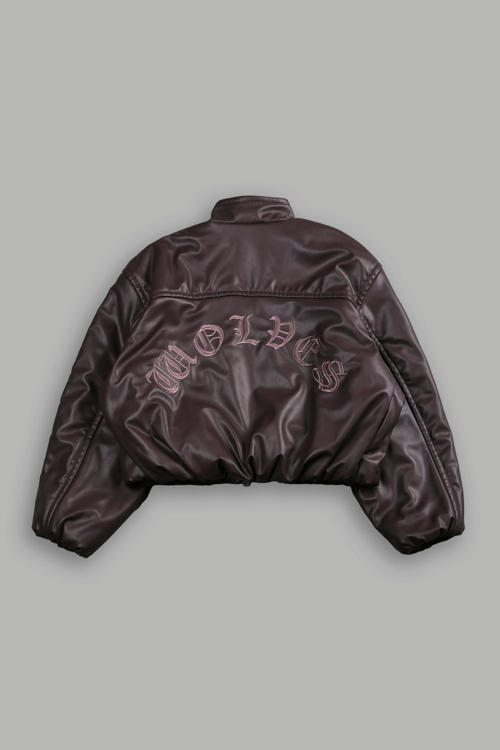 Dual Wolf Chopper Sofia Faux Leather Bomber Jacket in Darc Garnet — imagem 4