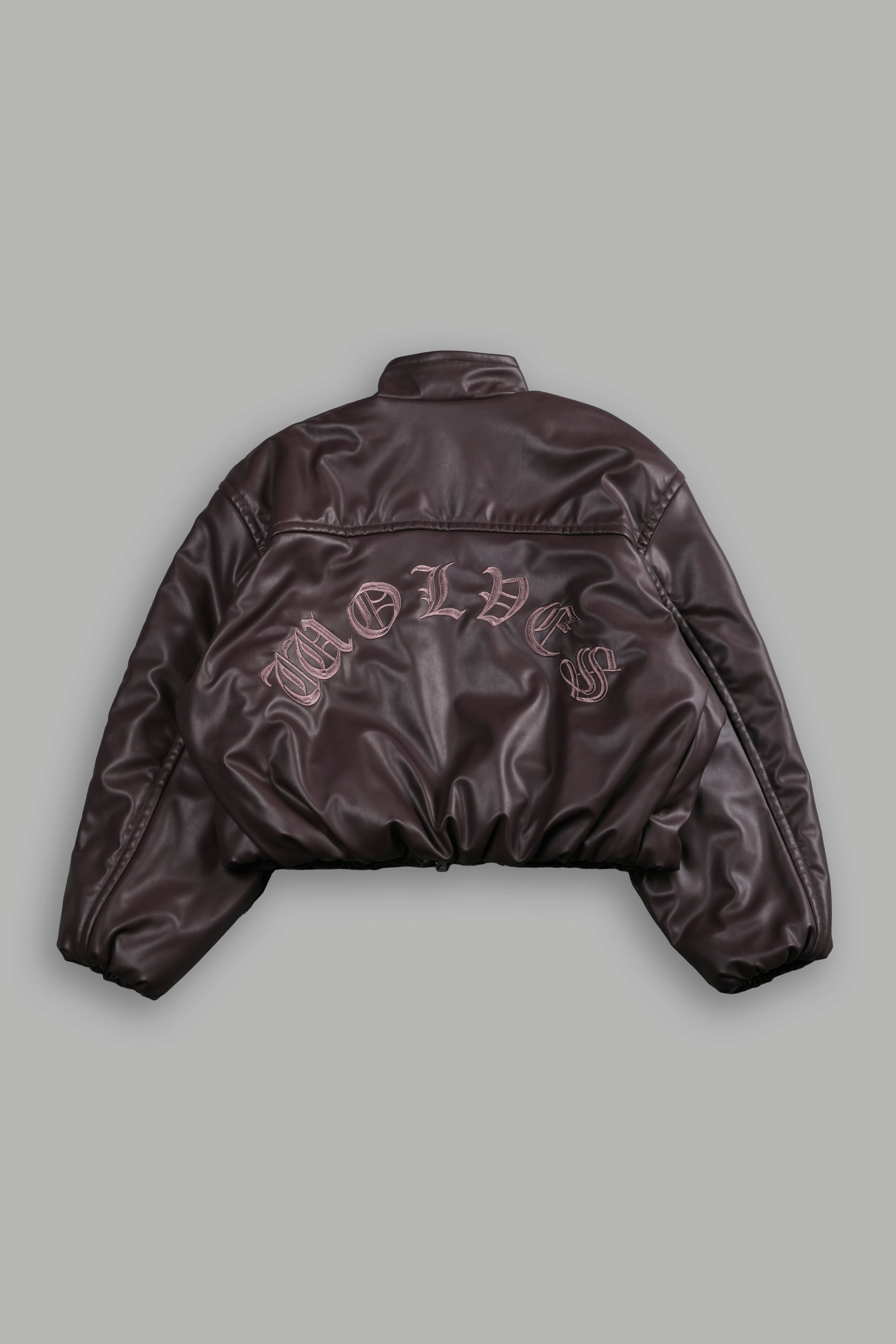 Dual Wolf Chopper Sofia Faux Leather Bomber Jacket in Darc Garnet — imagem 4