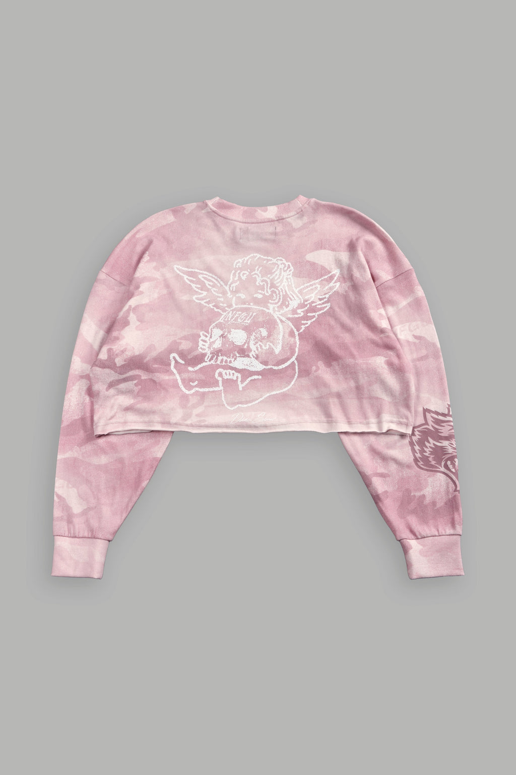 Cherub and the Skull "Premium" Oversized Cropped L/S Tee in Blush Vintage Woodland Camo — imagem 8