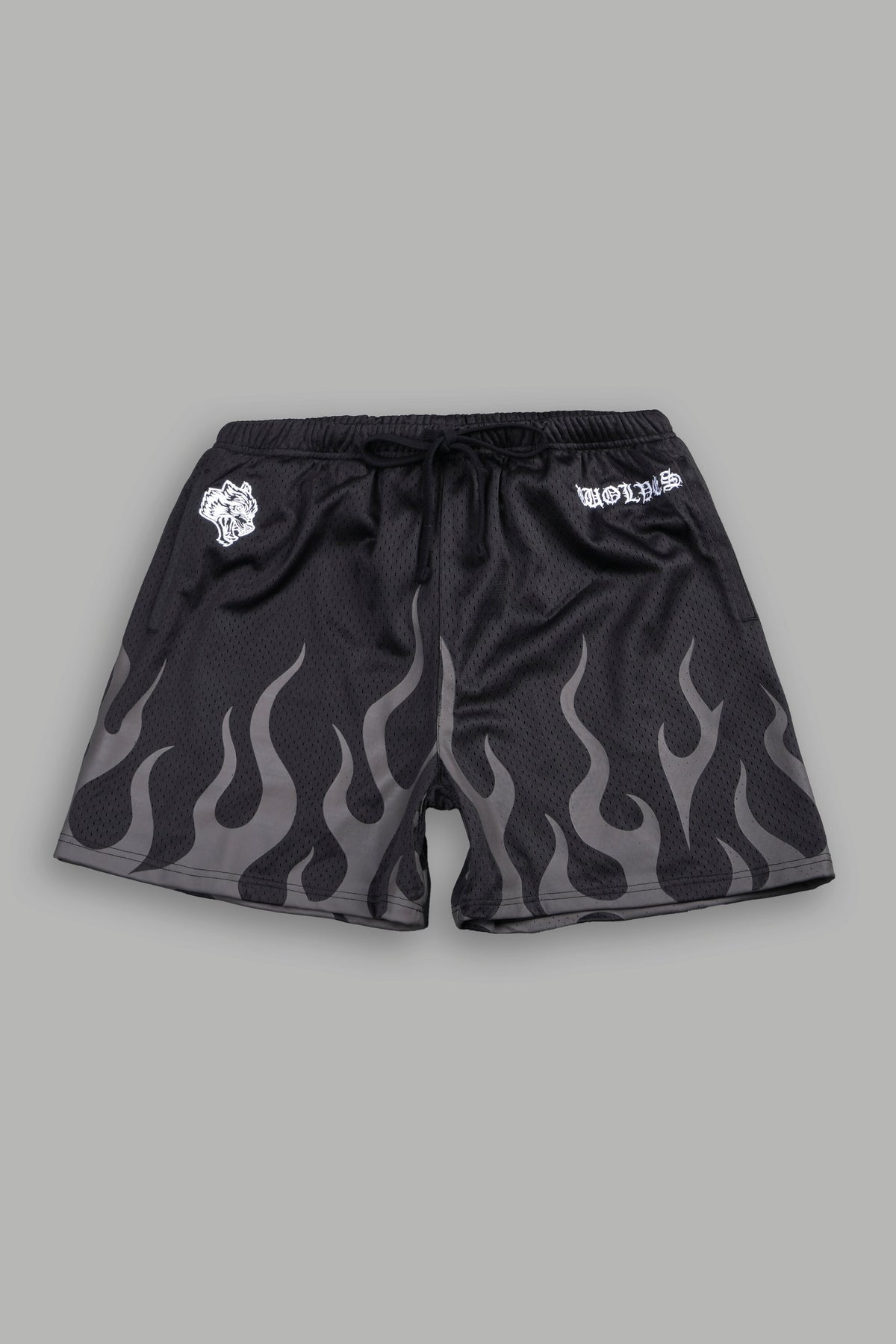 On Fire Applique Mesh Shorts In Black