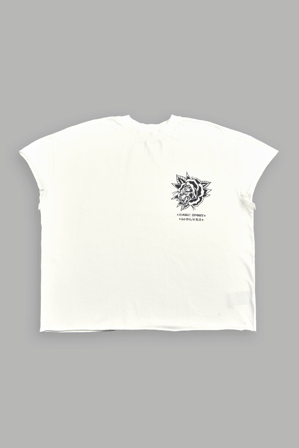 Wolf Head Rose Distressed Grunge Mid Length Raw Hem Cap Sleeve Tee in Cream
