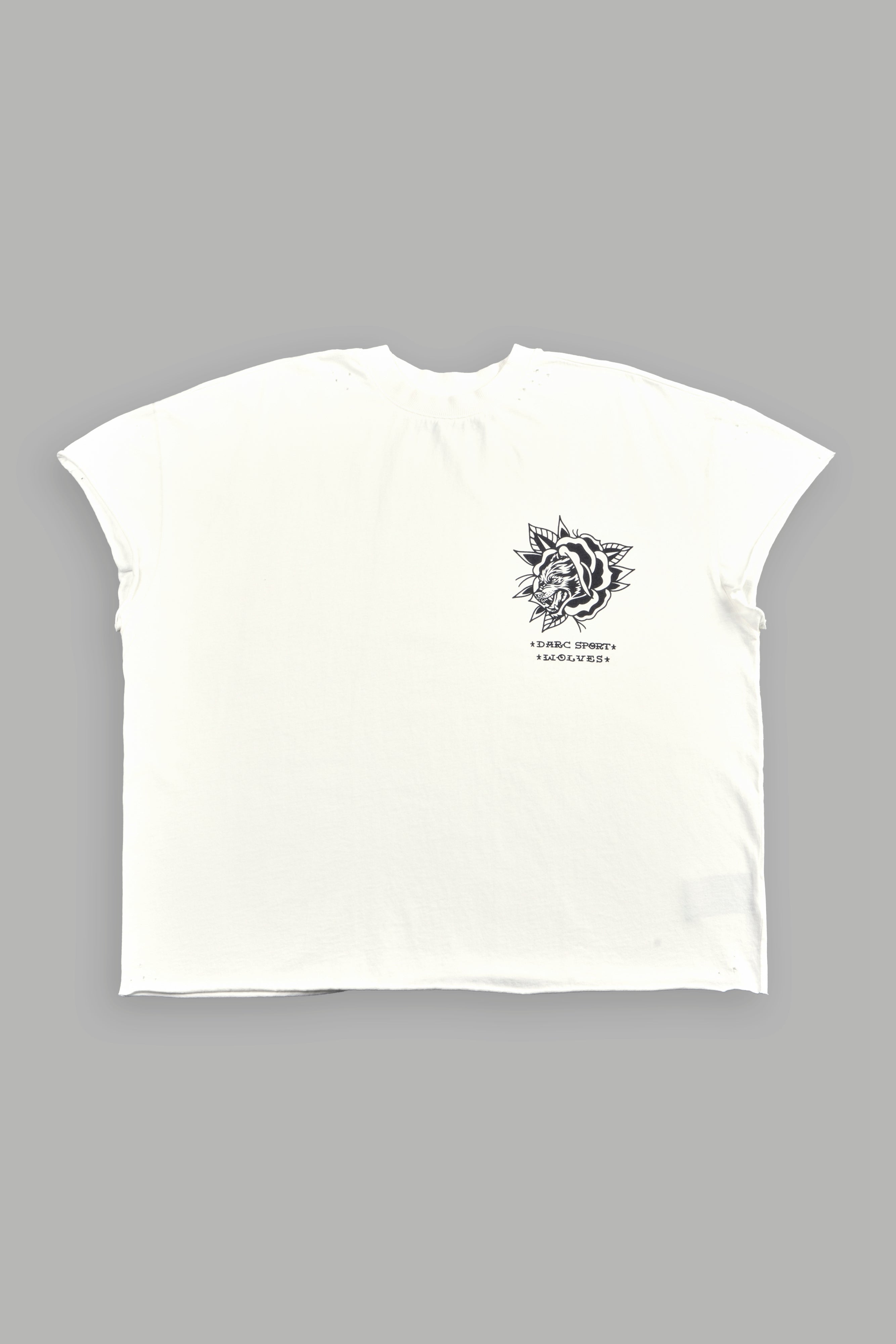 Wolf Head Rose Distressed Grunge Mid Length Raw Hem Cap Sleeve Tee in Cream