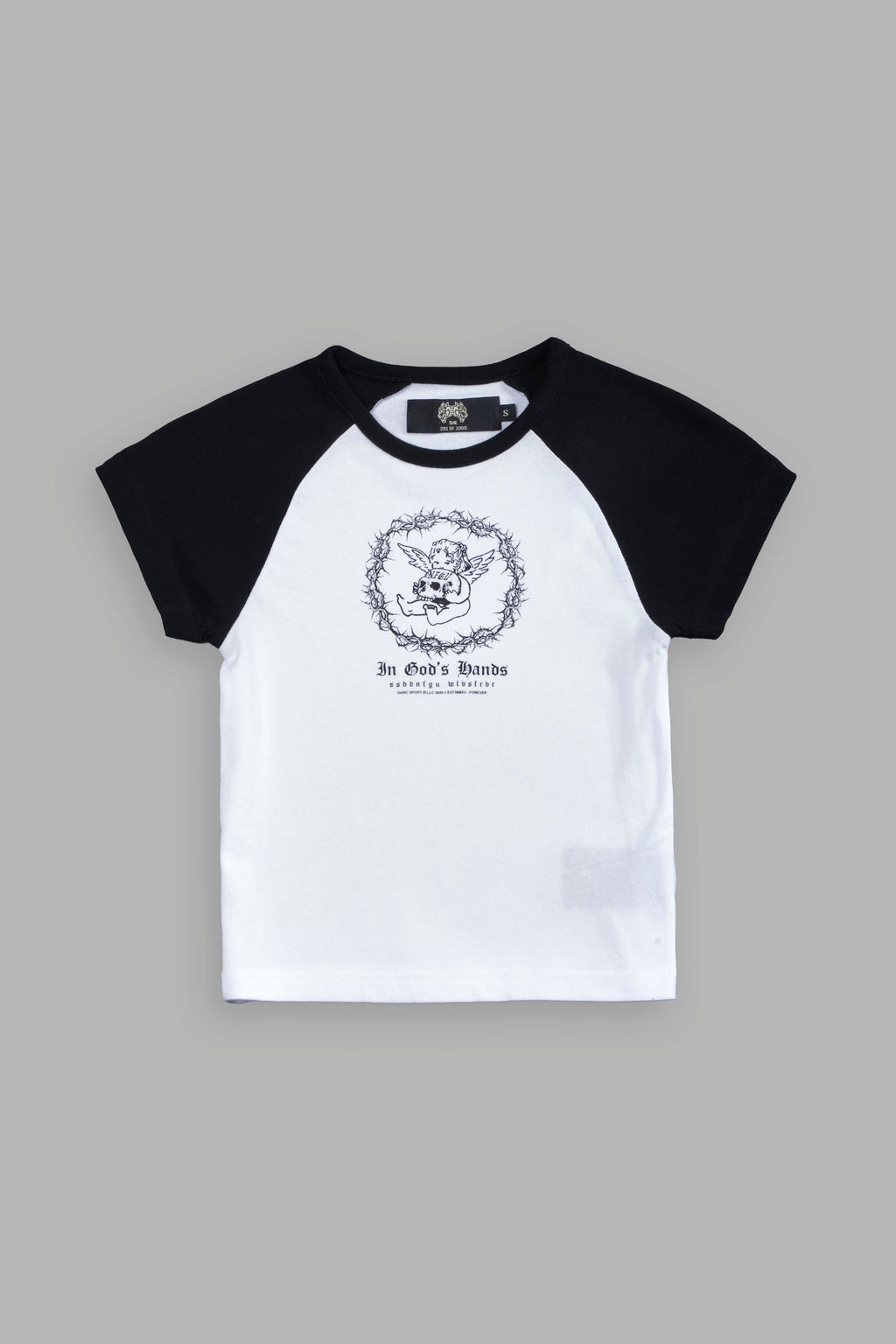 Cherub's Oath Lina Raglan "Baby" Tee in White/Black — imagem 5