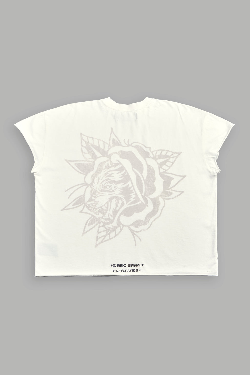 Wolf Head Rose Distressed Grunge Mid Length Raw Hem Cap Sleeve Tee in Cream