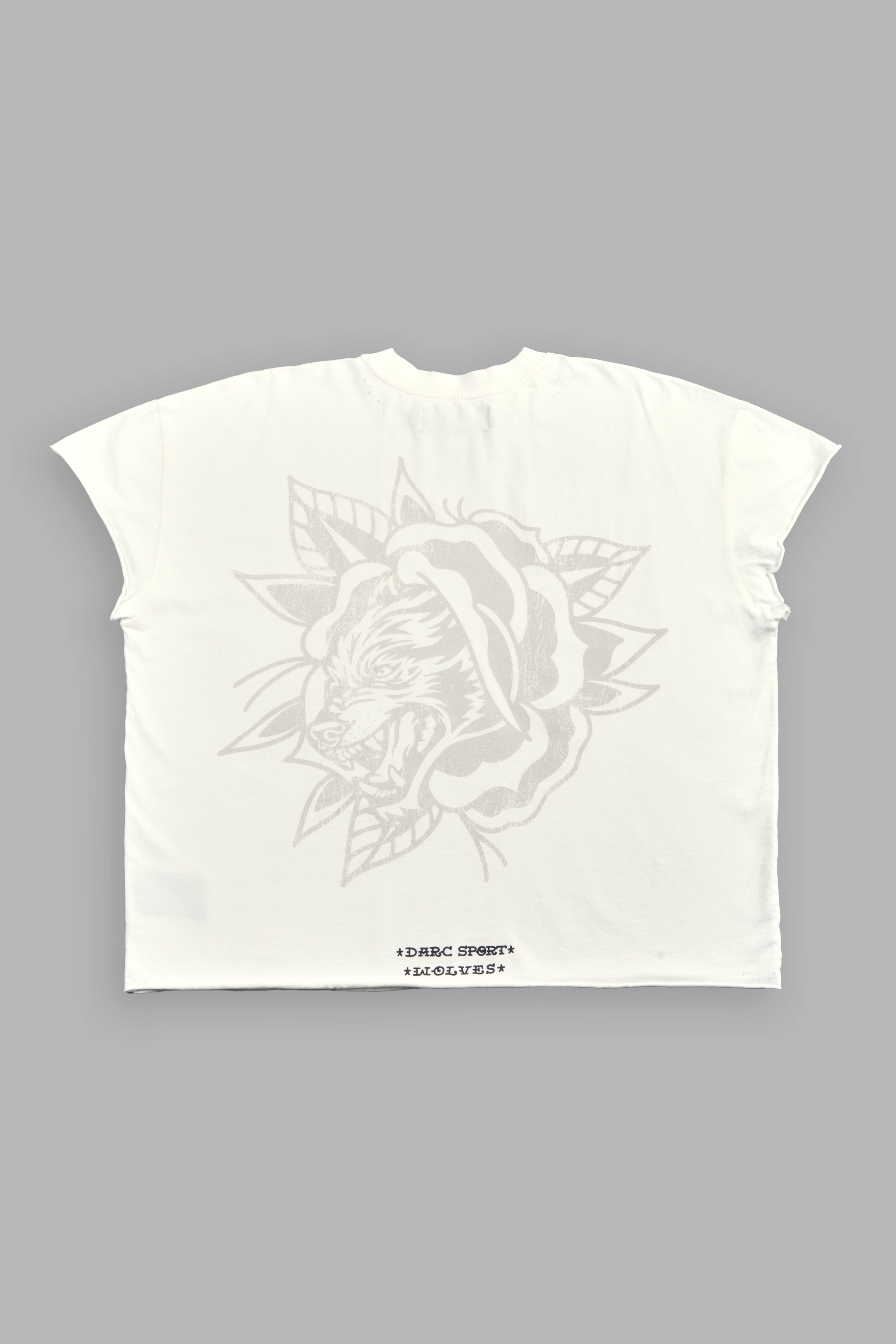 Wolf Head Rose Distressed Grunge Mid Length Raw Hem Cap Sleeve Tee in Cream