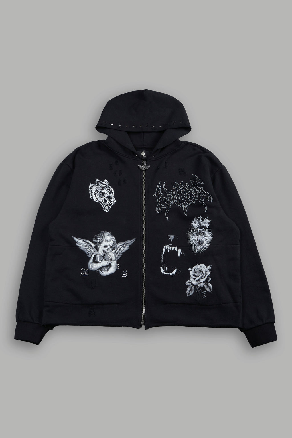Darc Heaven Distressed Grunge Mid Length Raw Hem Zip Hoodie In Black