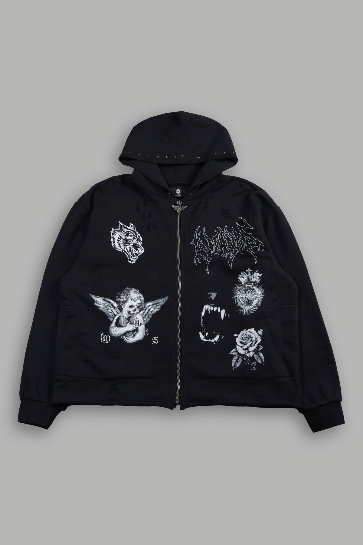 Darc Heaven Distressed Grunge Mid Length Raw Hem Zip Hoodie In Black