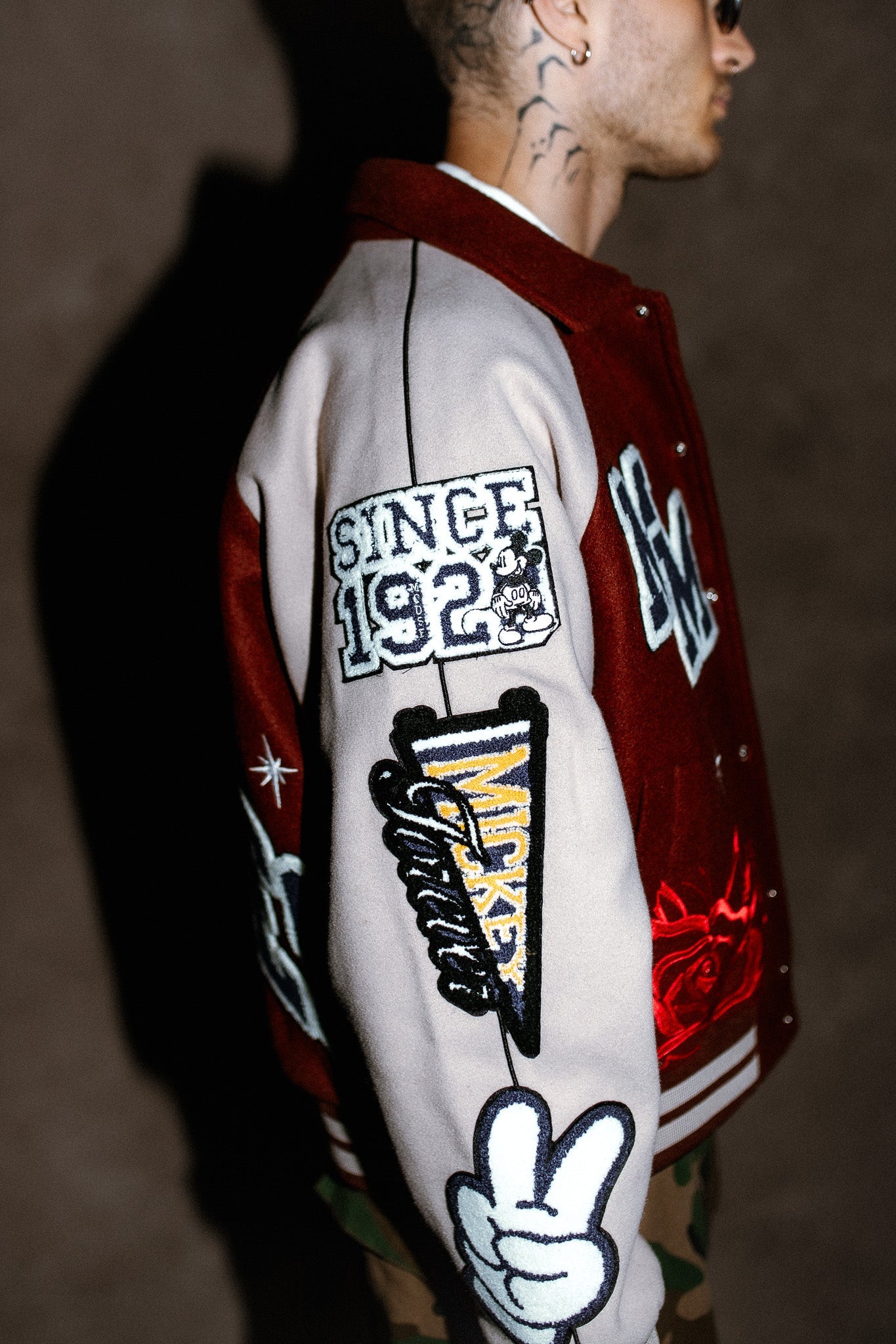 Mickey Mouse Wolves Club Roxy Box Cut Rudy Letterman Jacket in Oxblood/Clay
