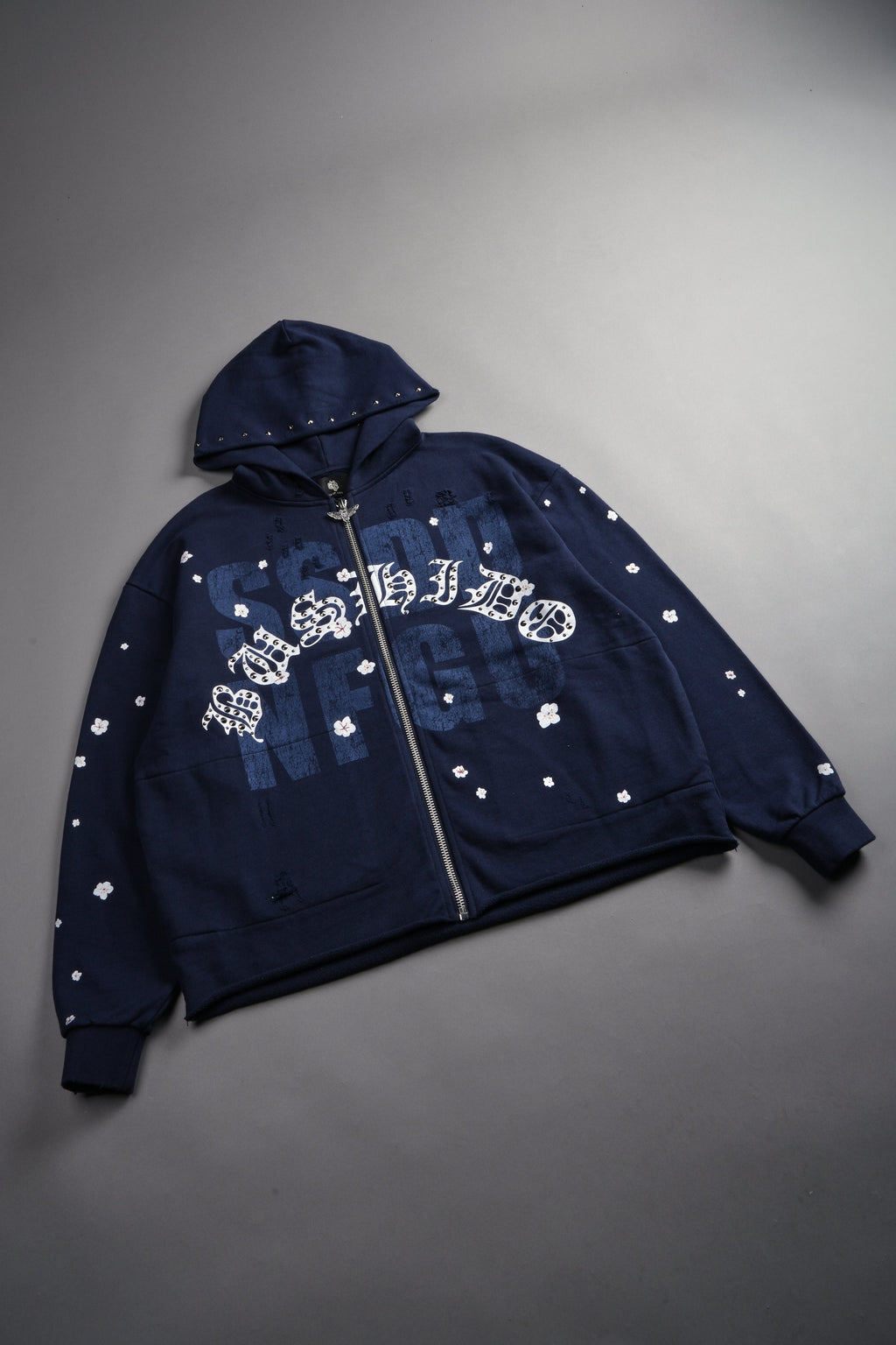 Ssddnfgu Bushido Distressed Grunge Mid Length Raw Hem Zip Hoodie in Navy — imagem 7