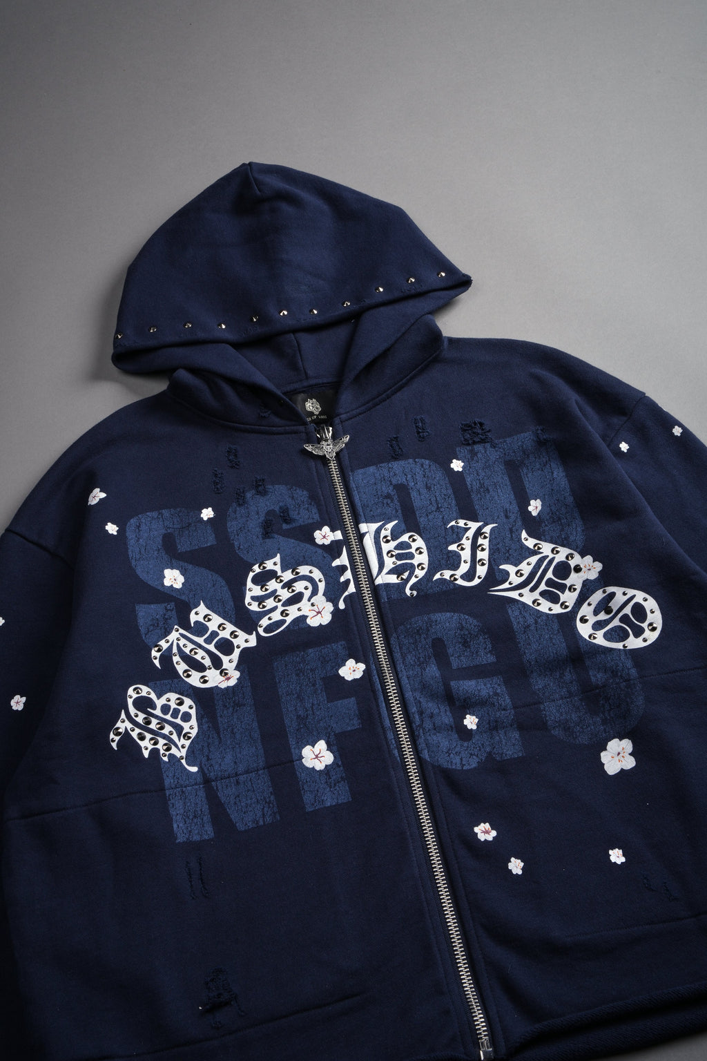 Ssddnfgu Bushido Distressed Grunge Mid Length Raw Hem Zip Hoodie in Navy — imagem 8