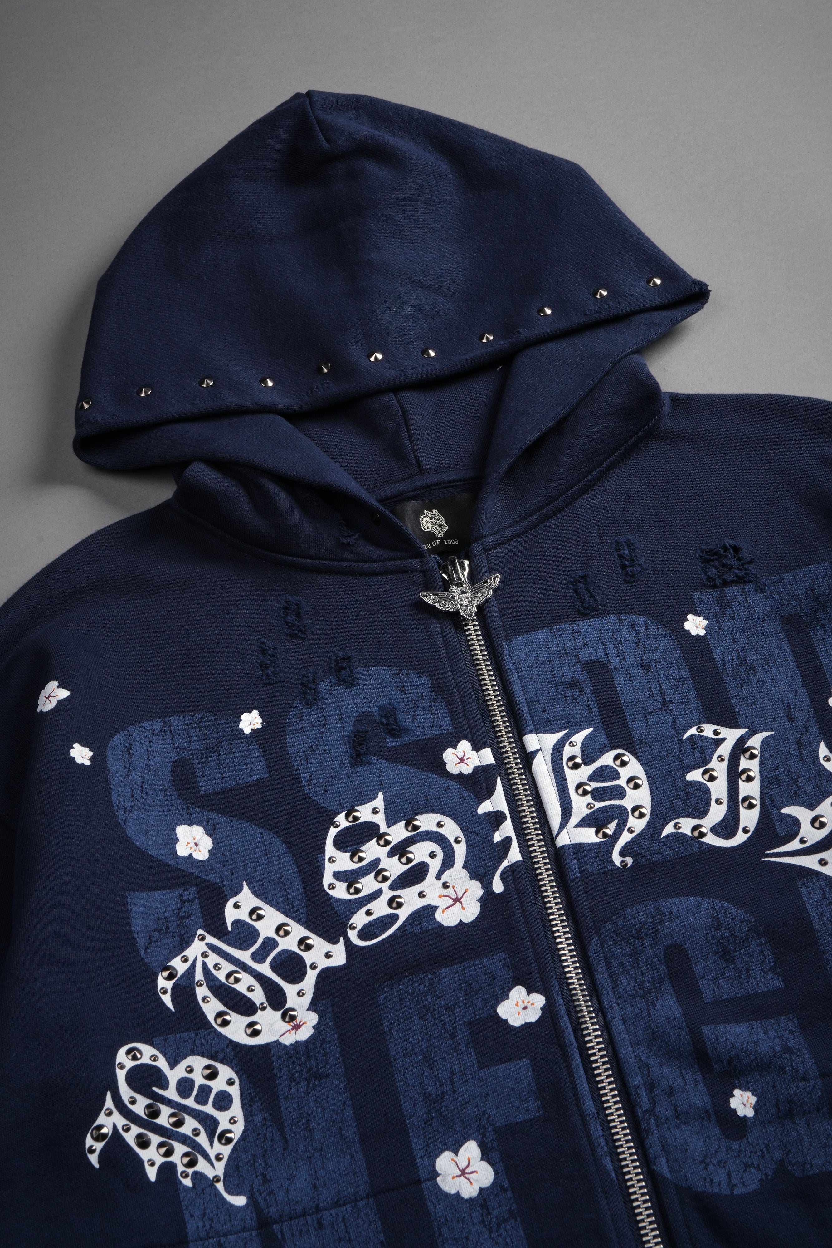 Ssddnfgu Bushido Distressed Grunge Mid Length Raw Hem Zip Hoodie in Navy — imagem 9