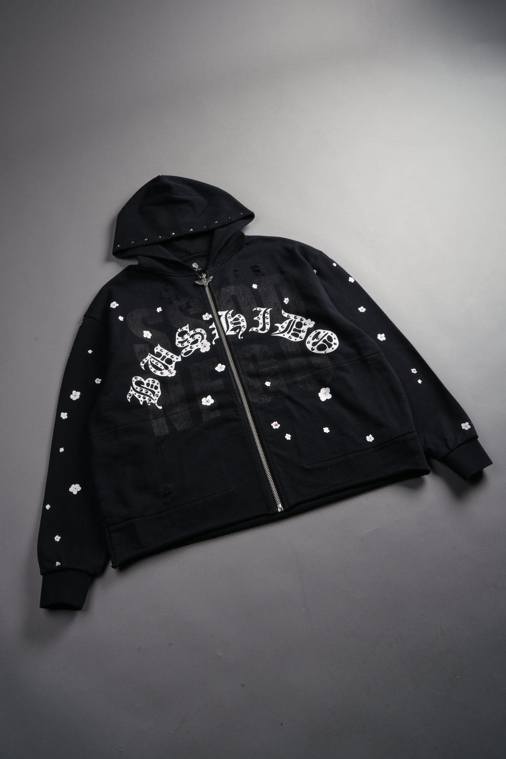 Ssddnfgu Bushido Distressed Grunge Mid Length Raw Hem Zip Hoodie in Black — imagem 8