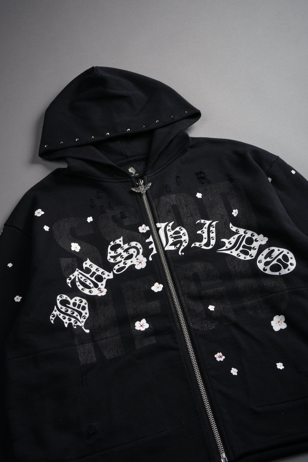 Ssddnfgu Bushido Distressed Grunge Mid Length Raw Hem Zip Hoodie in Black — imagem 9