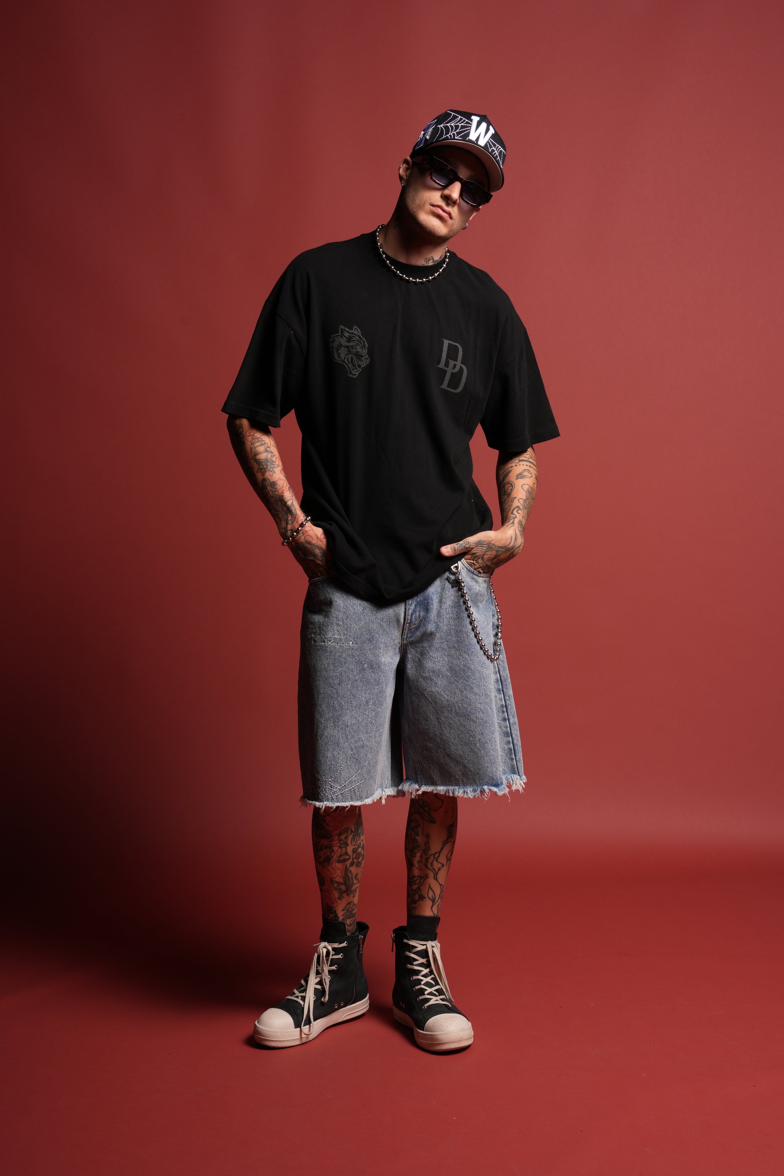 Devil In The Flames Side-By-Side Series Premium Oversized Tee in Black