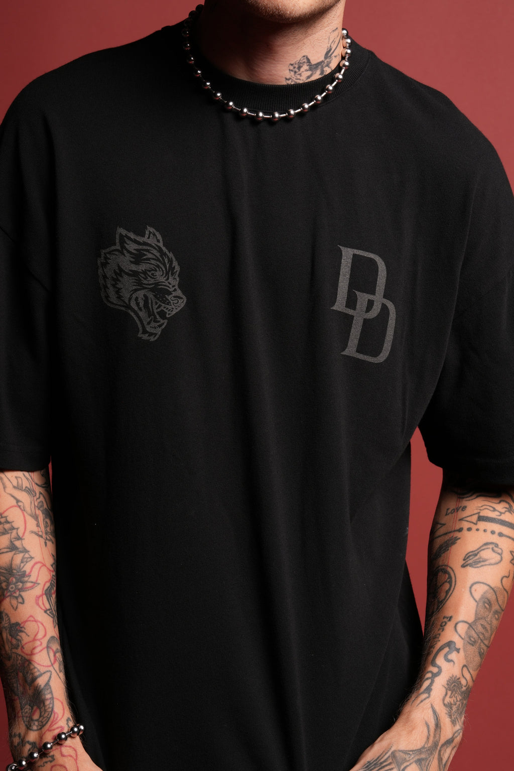 Devil In The Flames Side-By-Side Series Premium Oversized Tee in Black