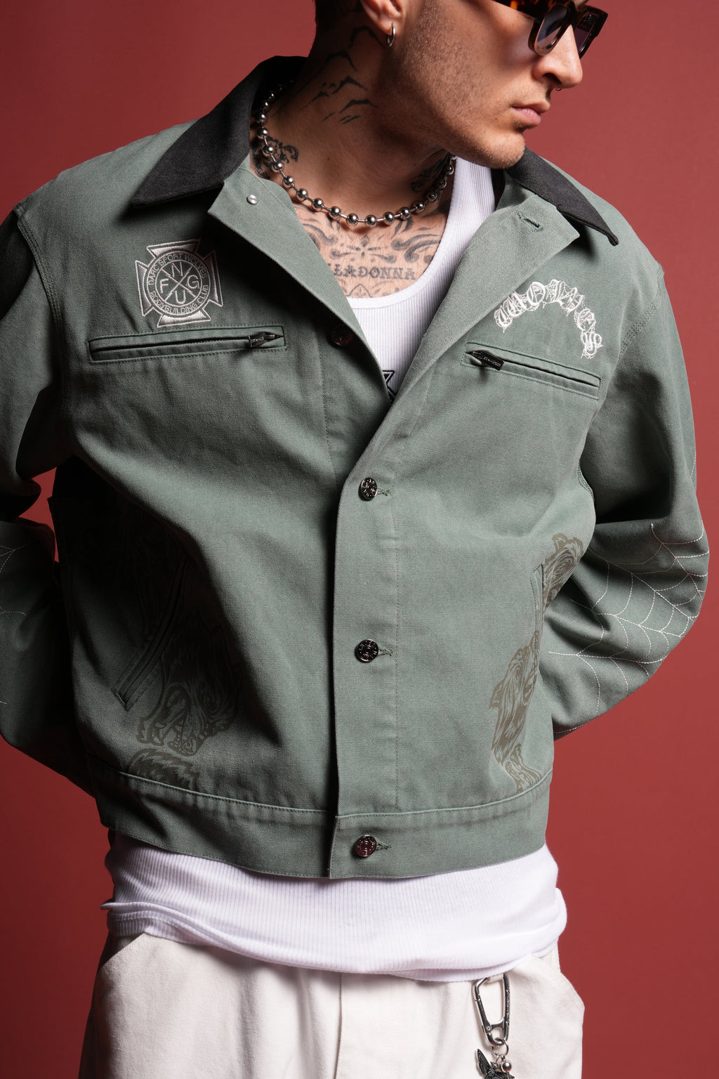 Sashiko Wolves Lunnis Jacket in Owen Green