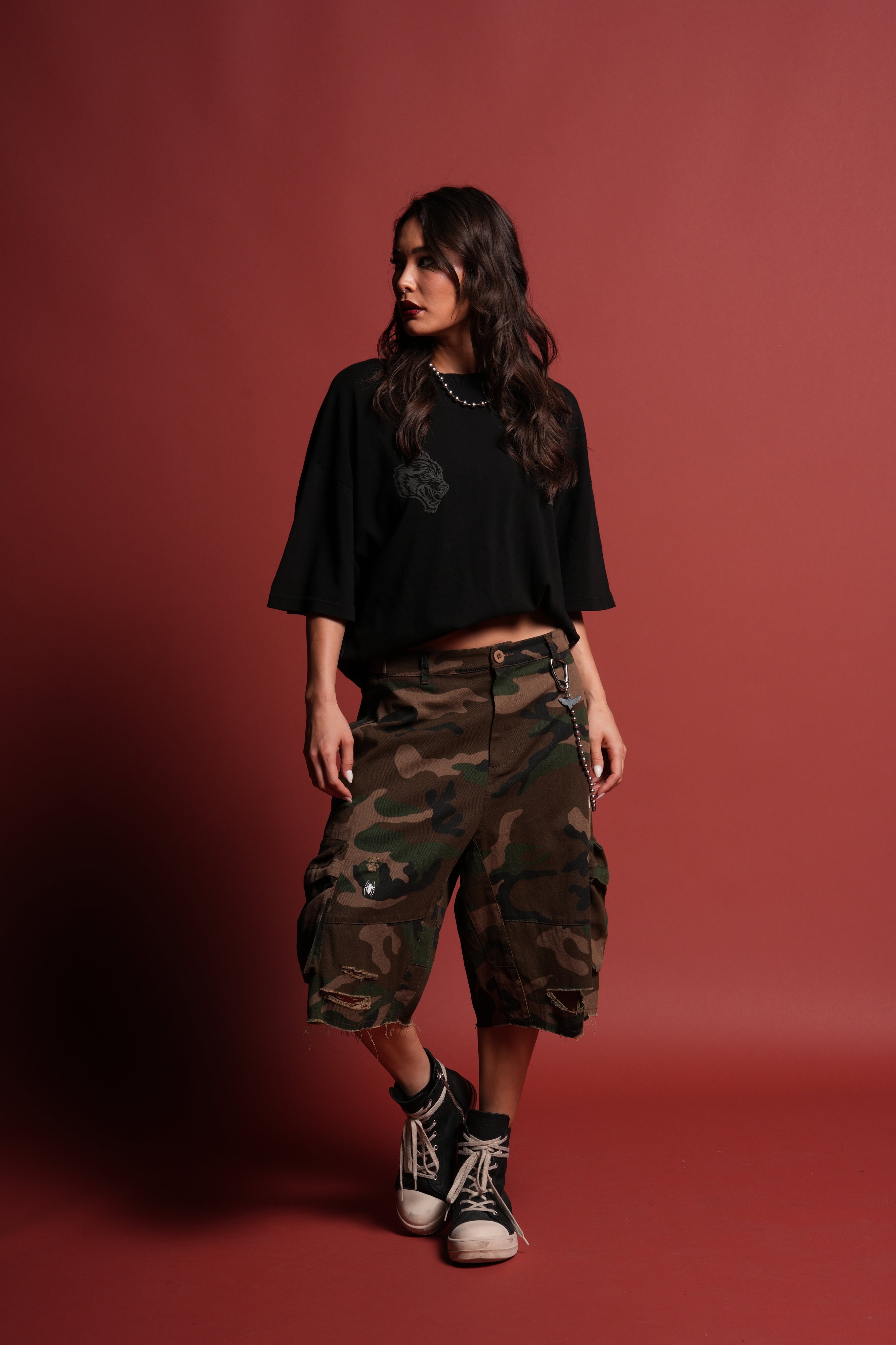 Devil In The Flames Side-By-Side Series Premium Oversized Tee in Black