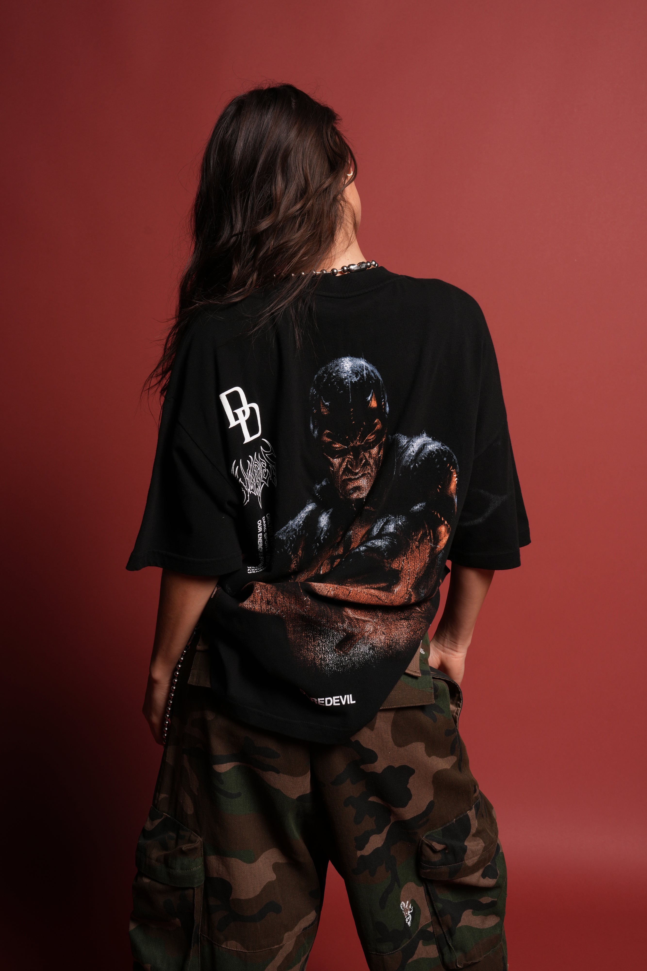 Devil In The Flames Side-By-Side Series Premium Oversized Tee in Black