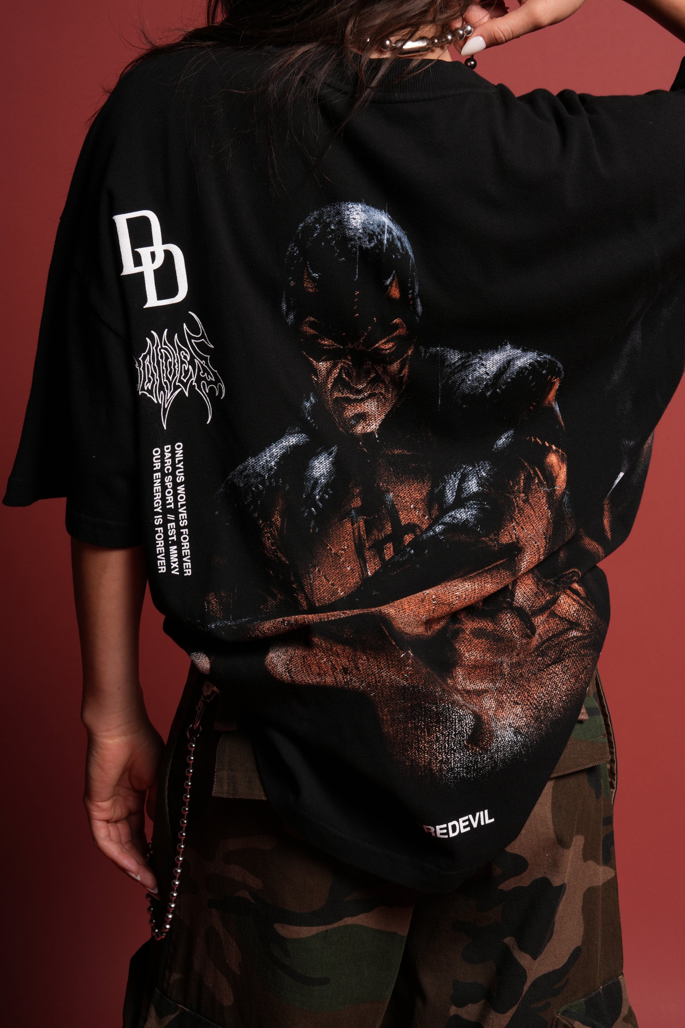 Devil In The Flames Side-By-Side Series Premium Oversized Tee in Black