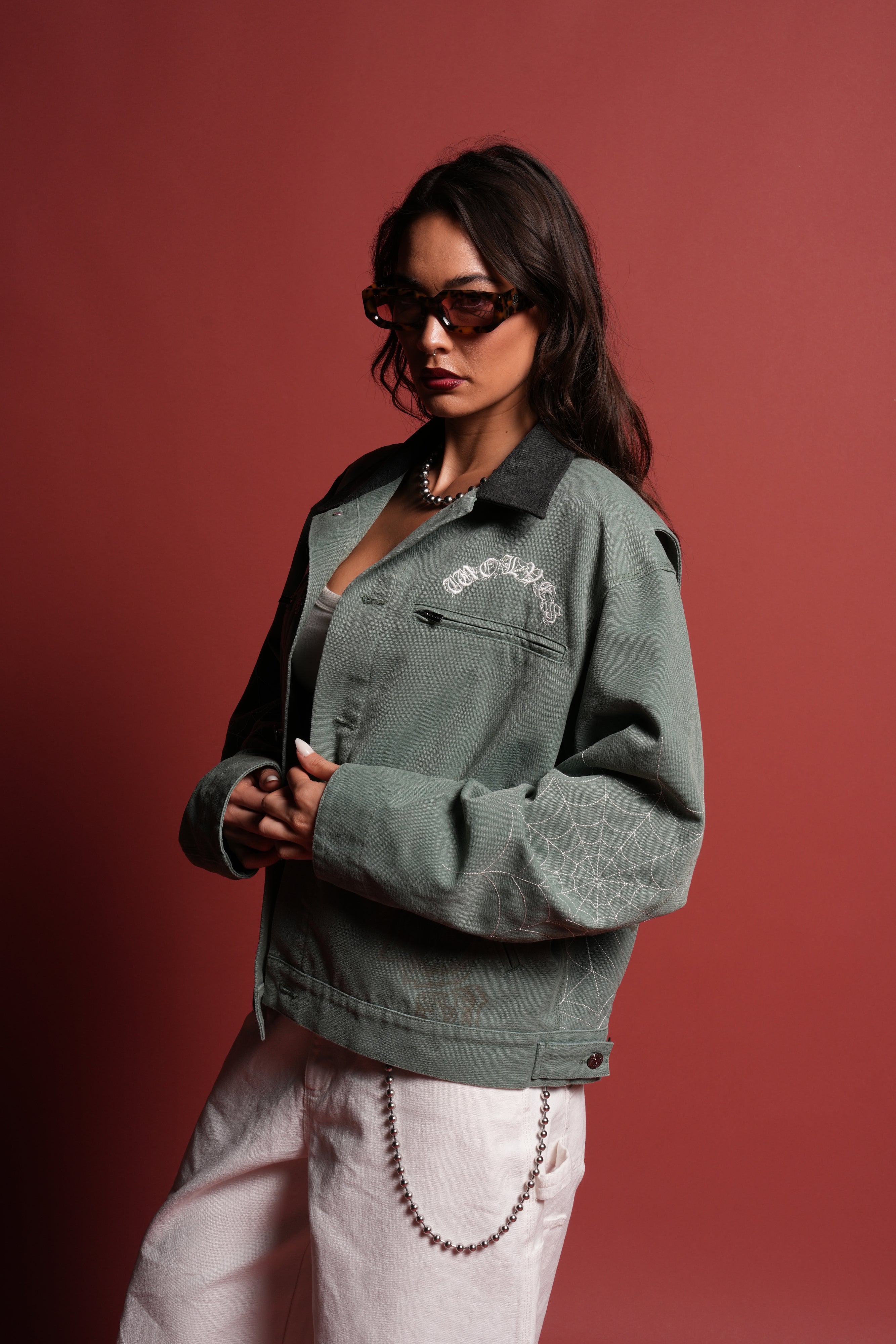 Sashiko Wolves Lunnis Jacket in Owen Green