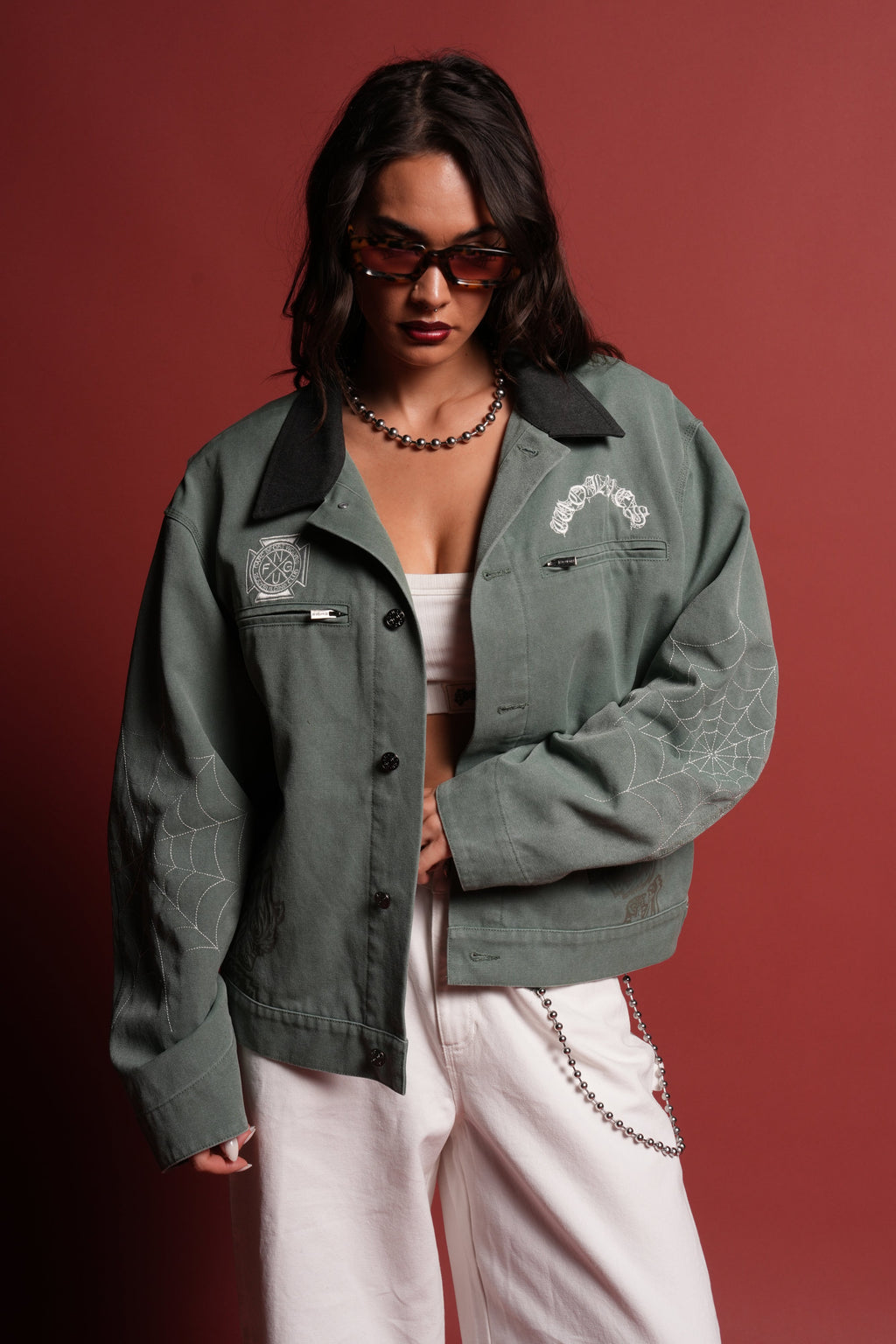 Sashiko Wolves Lunnis Jacket in Owen Green