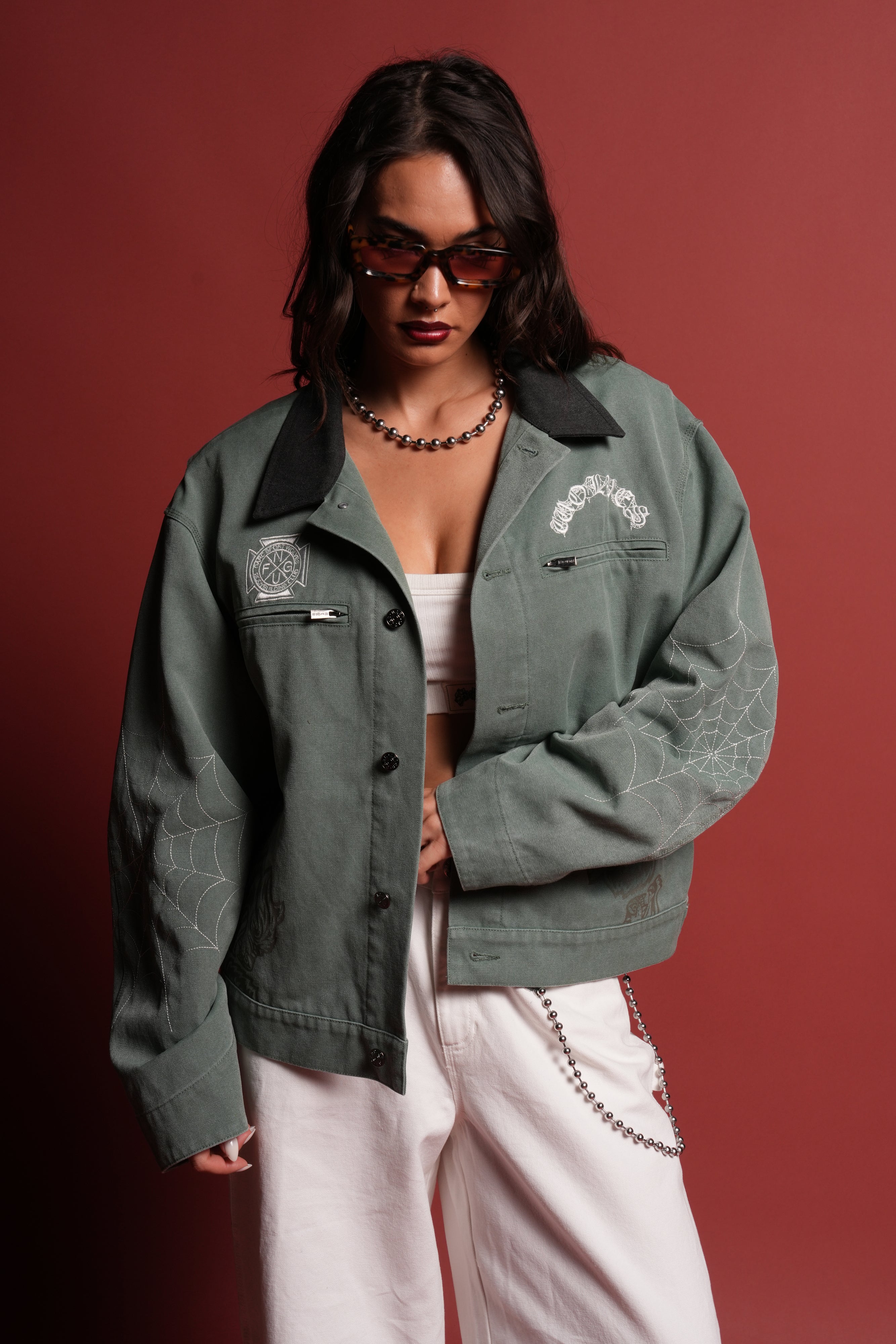 Sashiko Wolves Lunnis Jacket in Owen Green