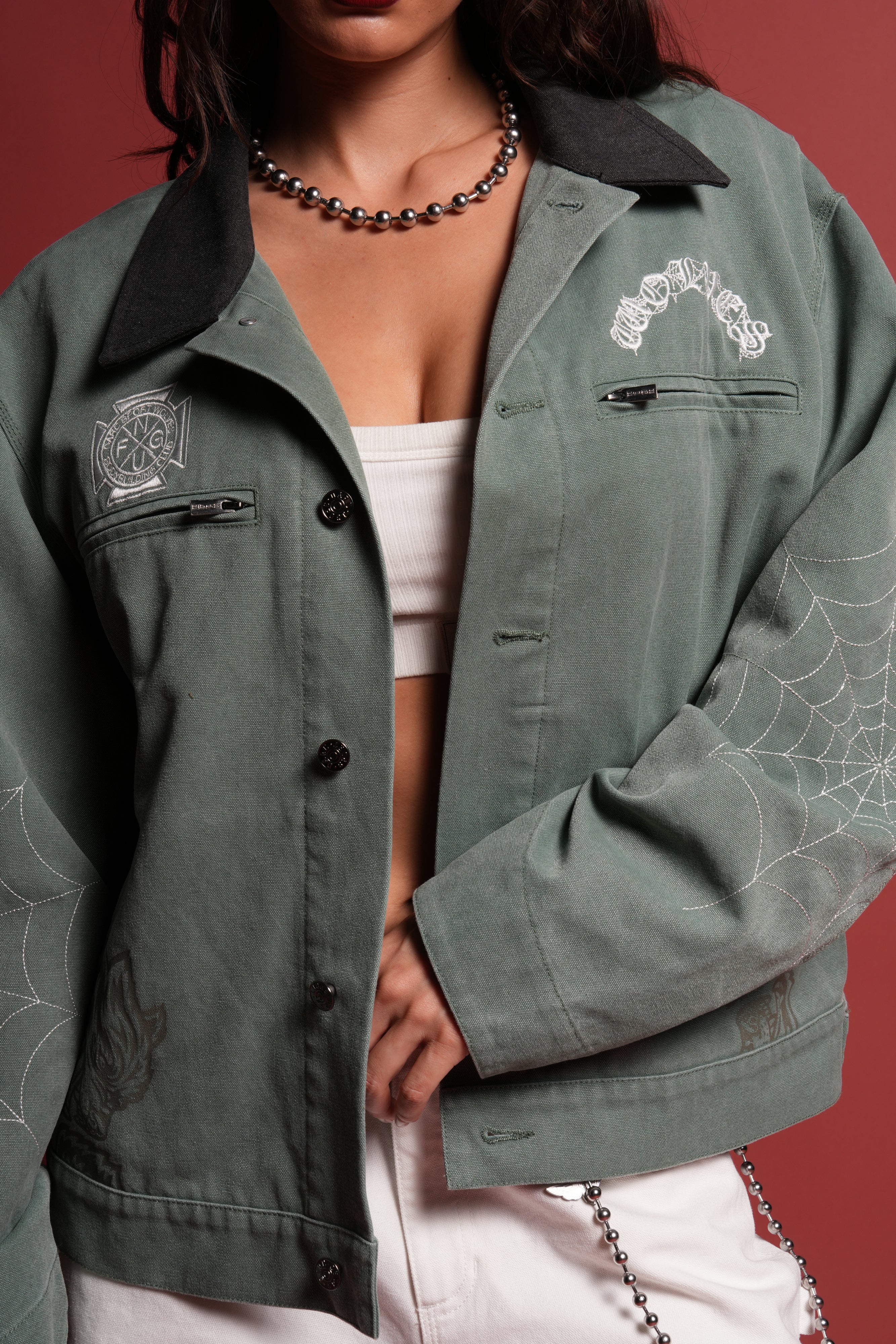 Sashiko Wolves Lunnis Jacket in Owen Green