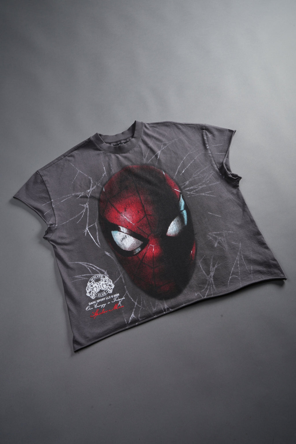 Web Of Darkness Grunge Mid Length Raw Hem Cap Sleeve Tee in Slate Gray