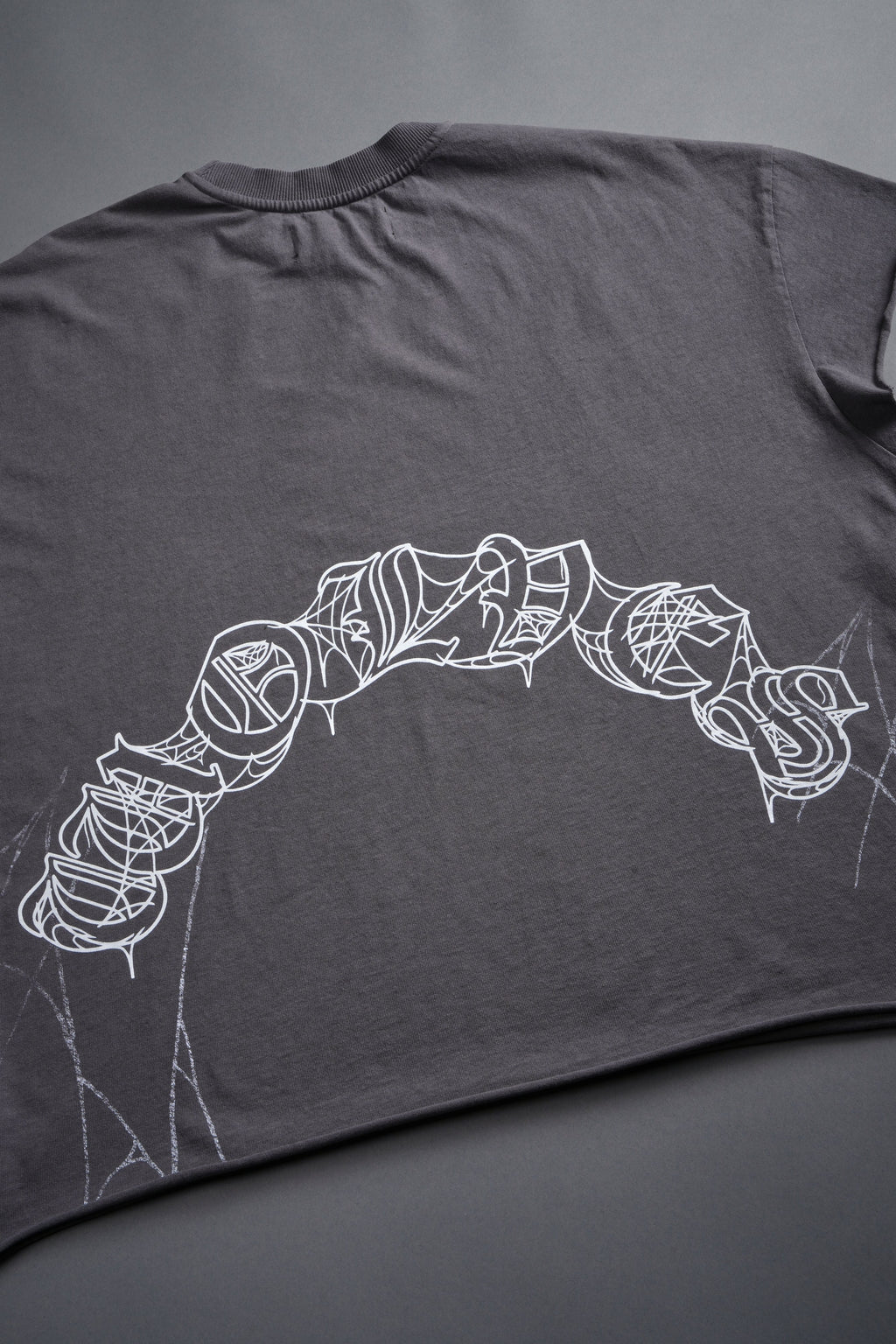 Web Of Darkness Grunge Mid Length Raw Hem Cap Sleeve Tee in Slate Gray