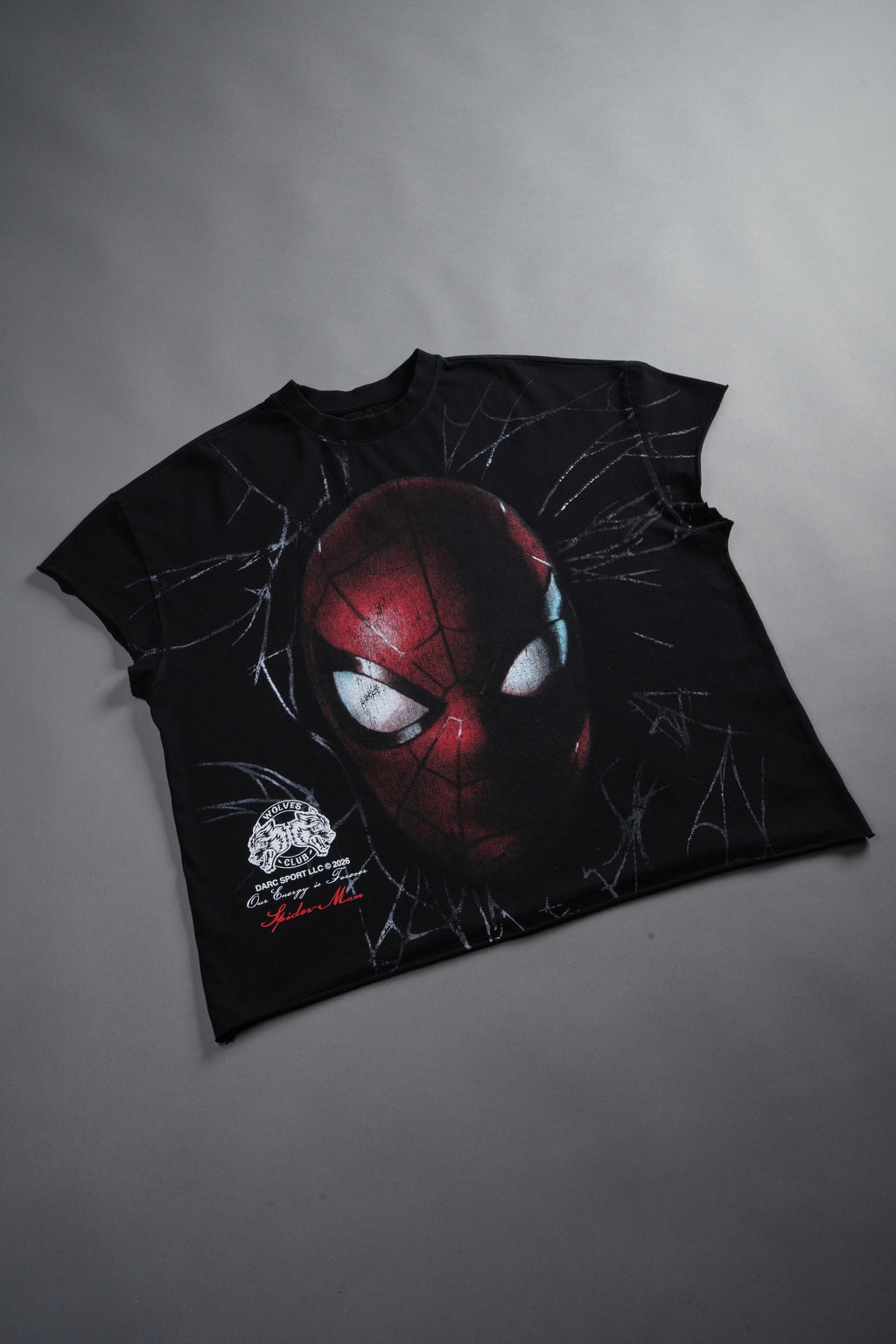 Web Of Darkness Grunge Mid Length Raw Hem Cap Sleeve Tee in Black