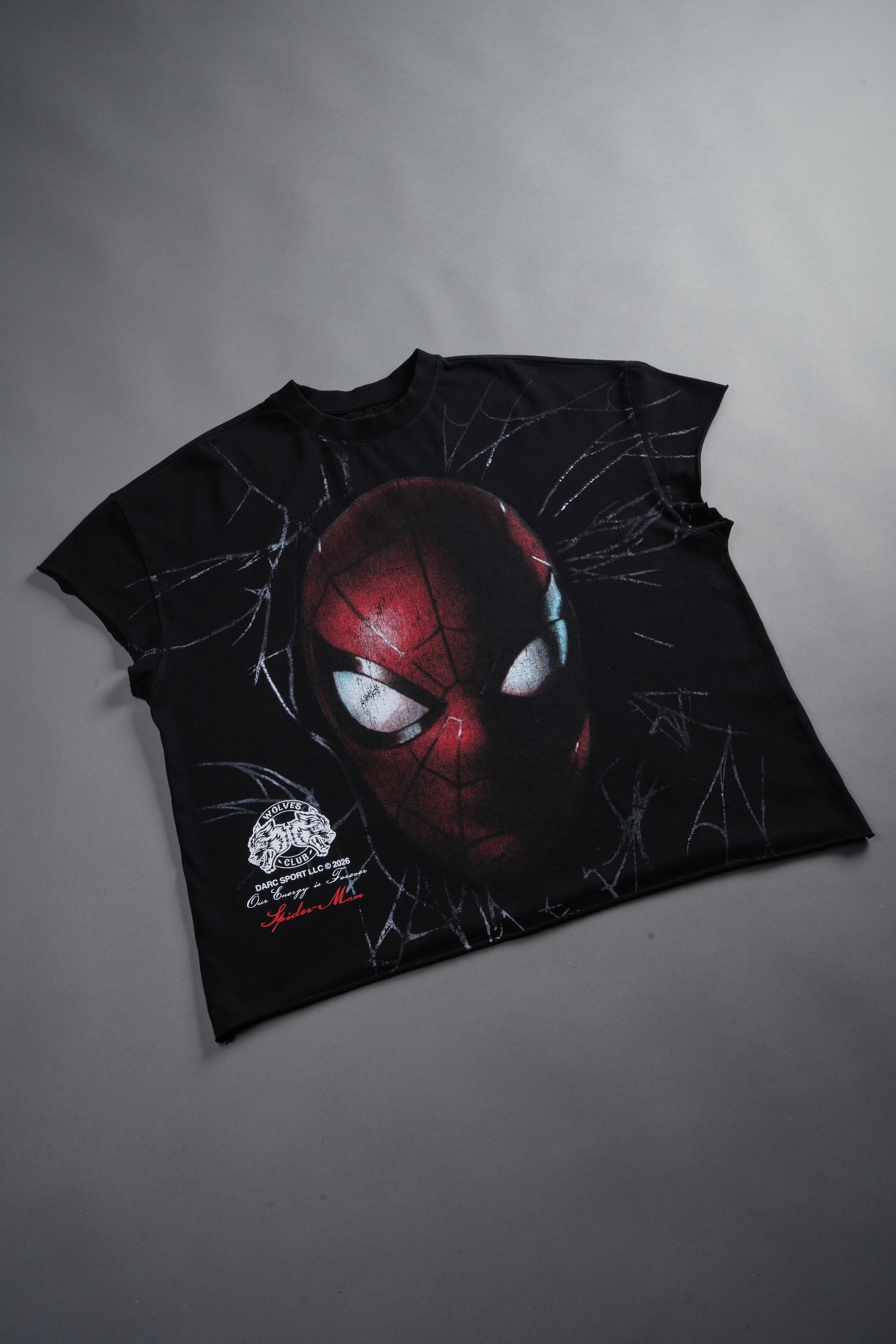 Web Of Darkness Grunge Mid Length Raw Hem Cap Sleeve Tee in Black