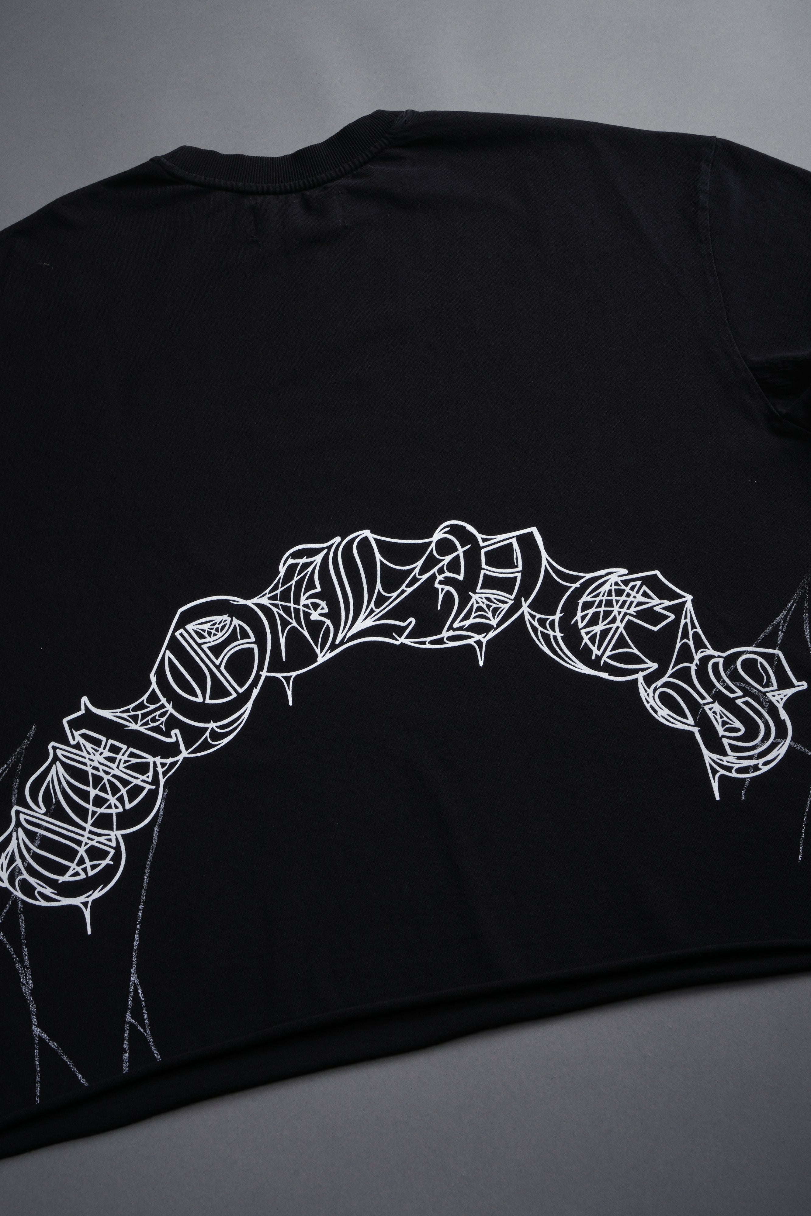 Web Of Darkness Grunge Mid Length Raw Hem Cap Sleeve Tee in Black